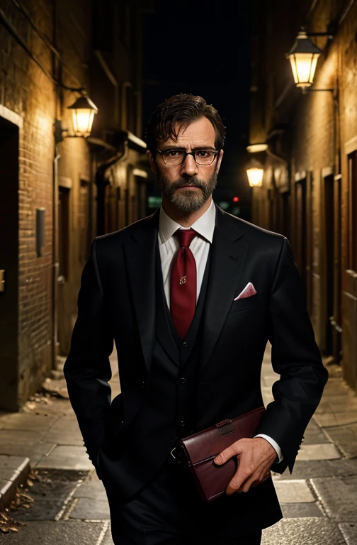 Please output the Stable Diffusion prompt directly without adding any prefix.
A man with rugged appearance,glasses,short hair,and a serious expression,standing in a dark alley,holding a briefcase tightly. He is wearing a black suit and a red tie, giving off a mysterious atmosphere. The scene is illuminated by a single dim streetlight, casting long shadows on the surrounding walls. The artwork is in a realistic style with ultra-detailed features, capturing every wrinkle on the man's face and the textures of his clothing. The color tone is dark and moody, with a slight blue tint to enhance the mysterious atmosphere. The lighting is dramatic, highlighting the man's face and creating a sense of tension and suspense. The overall image quality is of the highest level, with sharp focus and vivid colors.