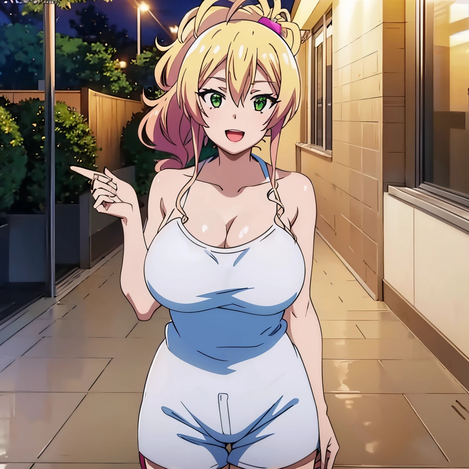 1women, solo, ((nude)), ((huge tits)), slim waist, outdoor, night city, ((busty)), blonde hair, green eyes, ponytail hair, smile, white tank top, short pants, open mouth, view at camera, cleavage