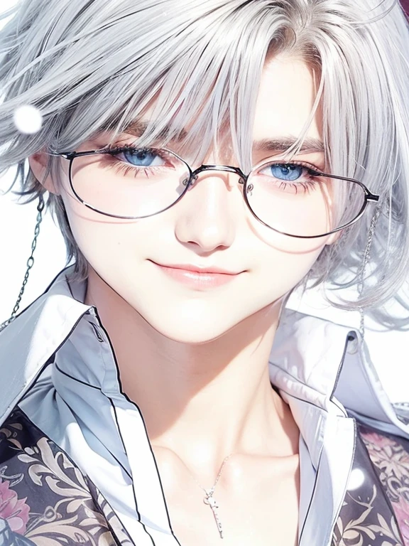 a man with white silver and blue eyes. he wears glasses and vintage tuxedo. he has beautiful smile