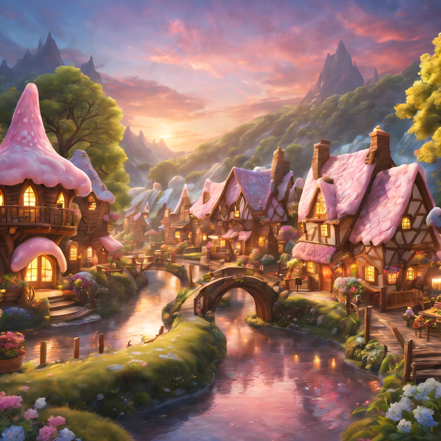 (ultra - detailed,actual:1.37),(Best quality at best,4K,8K,A high resolution,tmasterpiece:1.2),The landscape,Chocolate Village,Sweet,magical,cozily,Tasteful,Tasty,Beautifully decorated chocolate house,meandering rivers,Tempting chocolate fountain,Various chocolate sculptures,flowering cocoa tree, Golden sunset,sweet candy flowers,Way,Sparkling chocolate waterfall,Fairy lights illuminate the village,Marshmallow clouds floating in the sky,Unforgettable chocolate adventure.