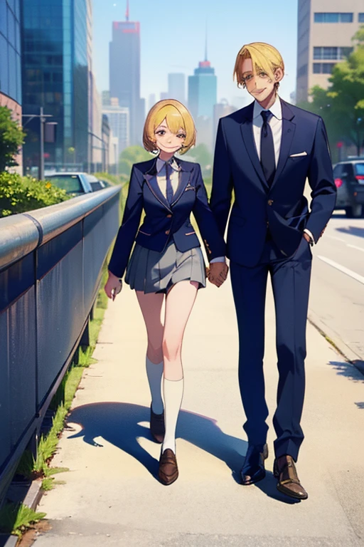 (a Man standing with 30 years in suit and tie) (woman, blonde, wearing school uniform, mini skirt, smiling) (man and woman are dating, they are holding hands) (location is in the city at noon)