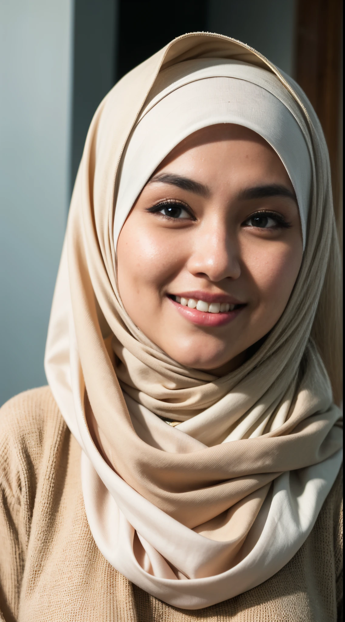 1 Malay girl, modern plain hijab, shy, medium portrait, watery eyes, RAW, Best quality, high resolution, masterpiece: 1.3), beautiful Malay woman in hijap:0.8),perfect nose,perfect lips, perfect eyes, detail :1.2), big breast, beautifull face, soft smile,Beautiful woman wearing a hijap, a woman in a beige dress and a white scarf, , faridah malik, hijab, jessica kumala wongso, handsome girl, lovely smile, lovely woman, with lovely look, with a beautifull smile, cute beautiful