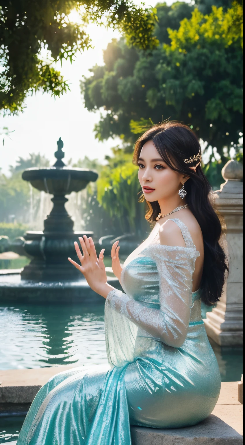 dynamic lighting, a stunning Thai woman, wear a very expensive traditional gown, sit on a stone in a river, waving her long hair, doves flying every where, lit by ray of morning sunlight from behind palm tree leaf's, a fountain from a black stone statue on the background, close up view
