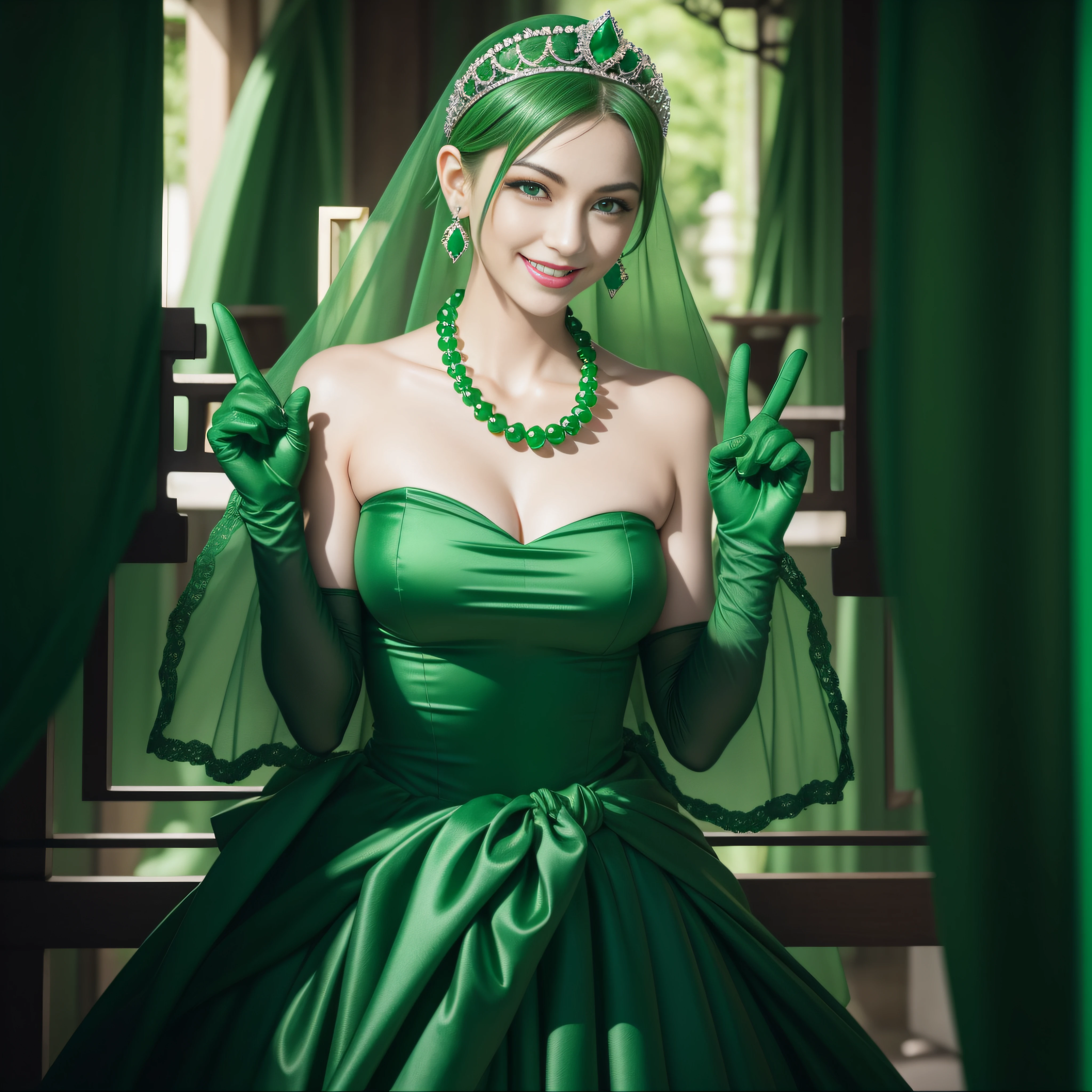 emerald tiara, Green Pearl Necklace, Boyish very short green hair, lipsticks, Japan woman smiling, very short short hair, big breasts beautiful, Green eyes, Long green gloves made of satin material, Green eyes, Emerald Earrings, green vale, v sign
