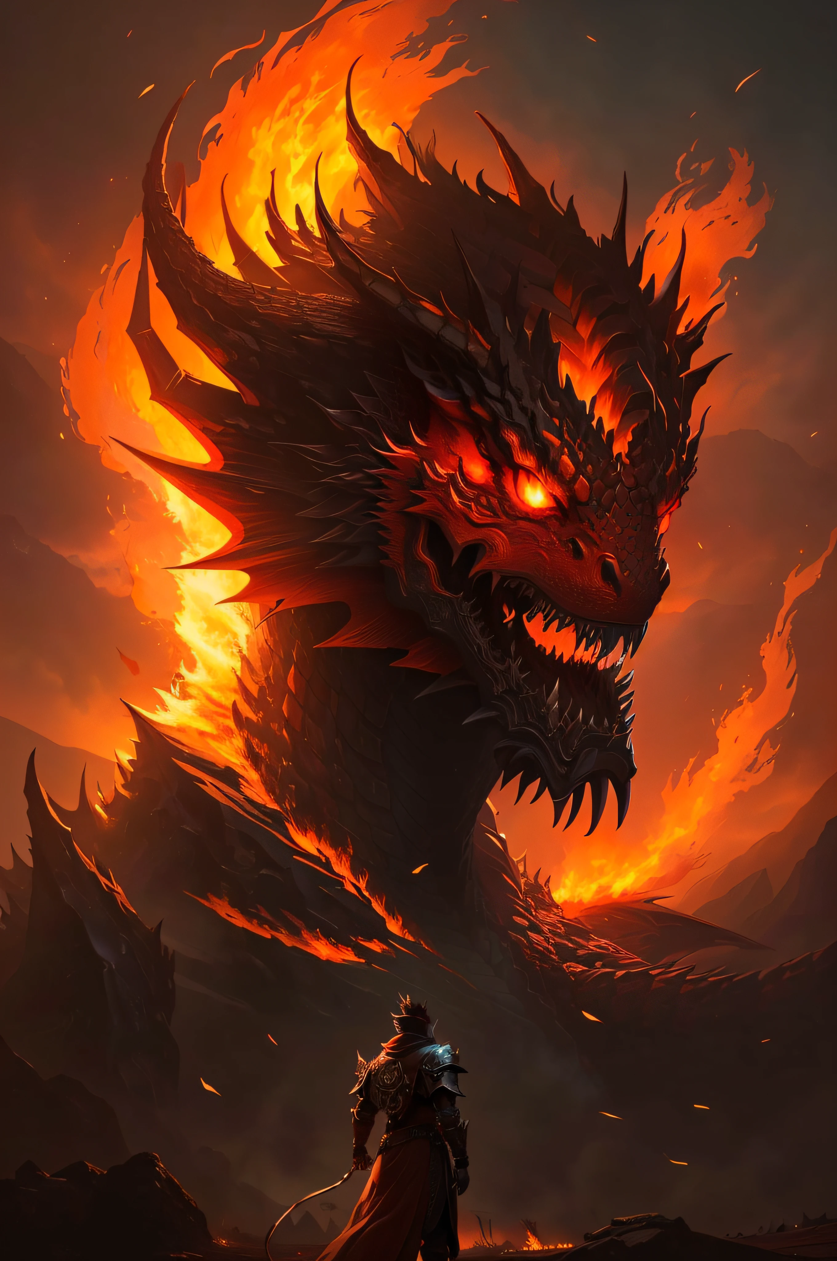 anime, a man standing in front of a giant dragon with a red eye, fire dragon, epic dragon, dragon in the background, the devil in hell as a dragon, epic fantasy digital art style, ''dragon breathing fire, dragon breathing fire, fire flaming dragon serpent, alduin, fire demon, colossal dragon as background, epic fantasy digital art, epic fantasy art style