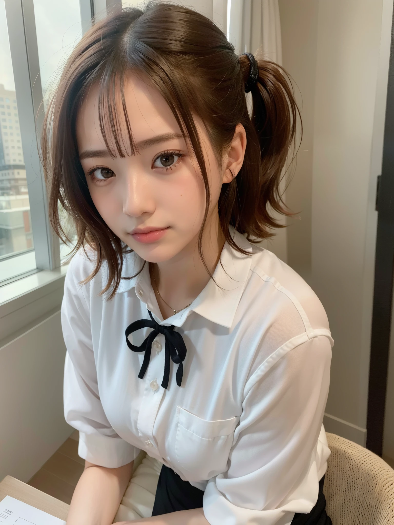 ((of the highest quality, 8K, masutepiece: 1.3, Raw photo)), Sharp Focus: 1.2, (1 AESPA Girl :1.1), Solo, (Realistic, Photorealistic: 1.37), (Face Focus: 1.1), Cute face, hyperdetailed face, short messy hair, updo, Small Smile, Small breasts, flat chest, nude, (chiffon office uniform skirt), (blush: 1.2), office room, Thigh, from below