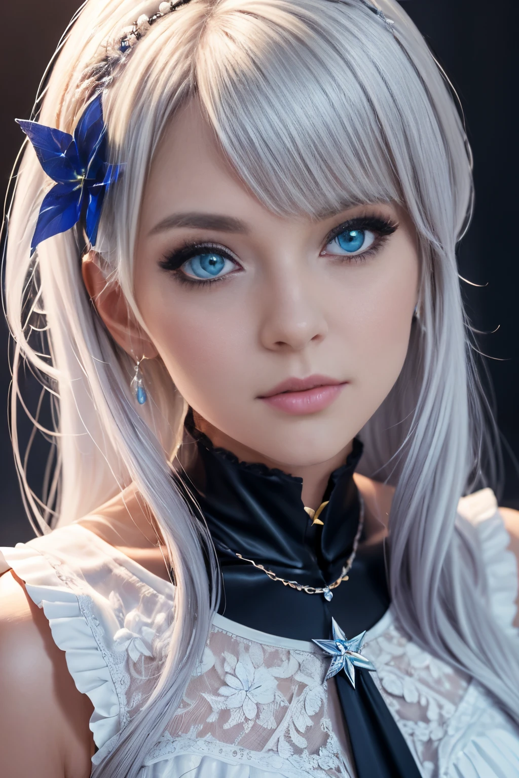 Close-up of a woman in a white dress with blue eyes, azur lane style, live2d virtual youtuber model, characters from azur lane, my dress up darling anime, from the azur lane videogame, astral witch clothes, anime vtuber full body model, lunar themed attire, from arknights, costume with blue accents