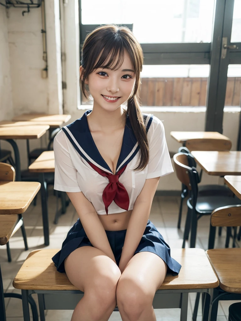(masterpiece、top-quality:1.2), 超A high resolution, (Photorealsitic:1.4), Detailed skin, lighting like a movie, friendly, Intelligent, Conversational Engaging, Happiness, cordial, Energetic, jolly, Created, Glowing eyes and infectious smile, Cute teenage girl, NSFW, School uniform, Very small bust, exposed breast, show nipple, Show abs, a short skirt, The best smile, provocative smiling, see the beholder, Facing the front, Open your legs, Crowded cafes, poneyTail