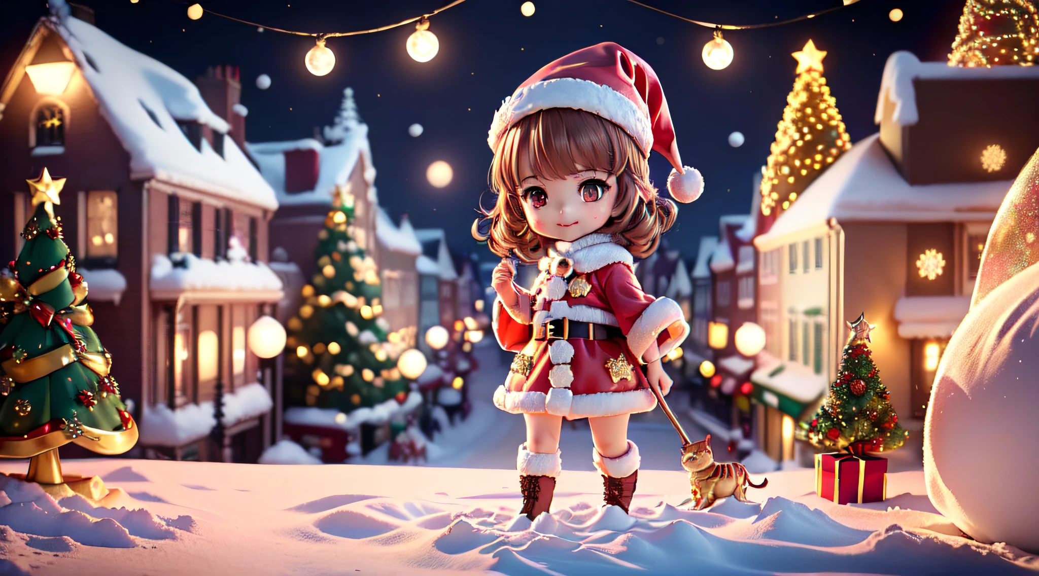 (Ultra-detailed eyes), (((Textile shading))), (((Best quality))), (((On a table))), (((super-detailed CG))), (Colorful glowing lanterns),((Colorful colors flying in the night sky、Cute little animals)),((large full moon)),((shiny colorful star hair,((Brown hair)),((braided shorthair cat)),minor red tide,((Brown Eyes Icon Style Santa Claus Costume)),((Santa hat with tiara)),(Magic wand with gem tip),(To this'The snow a bit light),((Christmas tree and lights)),Happy smile,Shang Ming,((Fly through the sky on a magic broomstick)),((looking from above)),(It looks plain),((Wearing a luxurious cloak)), (((magical little girl))), (small), (Small under the chest), Blonde hair, ((Short hair details, Short hair details, ornate hair)), a pink eyes, (((Christmas dresses, Red and white faux fur-trimmed Cardroy jacket, Millennium bug, scallop skirt))), ((Pose up)), (((GameCG)) (A gorgeous one, fashionably, it girls accessories, Sparkling sky, amsterdam light festival, Christmas atmosphere, light christmas, Christmas tree, Amsterdam Light Festival full of atmosphere, cow boy shooting, Medium shot , centered image, Keep your eyes on the camera, natta,full bodyesbian, tchibi