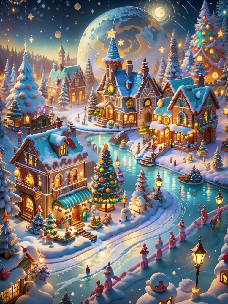 (tmasterpiece),(ultra - detailed:1.3),Best quality at best,(Sparkling:1.2),(Christmas village in dream fairy tale:1.4),(Van Gogh style Christmas architecture: 1.5),(The moon empty),((Delicious sweets,Christmas tree, gifts, Christmas stockings, cute gingerbread man,chocolate house splash)), Illustration style, and decorations, Fantasy Christmas Town, Lovely design style, natta,snowfield,moon full,Vibrant colors、 ((Whimsical and charming fantasy)), Surreal portrait, (Fantasy themed fairy tale village), (Whimsical clockwork accessories), (Colorful, Landscape full of candy), (enchanting, Fantastic creatures), (A vibrant, candy colored building), (Sweets and Candy Road), (Candy Castle) in distance, (Like a mirror, Asymmetric masterpiece clock accessories), (Rich, fantasticcolors), (Twinkling stars) Elevated, (four dimensional dream), (Charming and charming atmosphere), (Playful composition), (Vivid lighting effects), 1.4x realism,hyper HD,Shown in this beautiful scene,(Very meticulous,Reasonable design,Clear lines,High- sharpness,tmasterpiece,offcial art,movie light effect,8K)