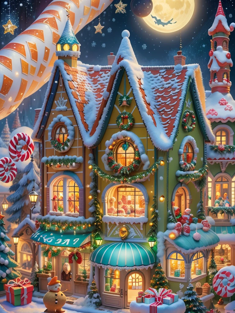 (tmasterpiece),(ultra - detailed:1.3),Best quality at best,(Sparkling:1.2),(Christmas village in dream fairy tale:1.4),(Van Gogh style Christmas architecture: 1.5),(The moon empty),((Delicious sweets,Christmas tree, gifts, Christmas stockings, cute gingerbread man,chocolate house splash)), Illustration style, and decorations, Fantasy Christmas Town, Lovely design style, natta,snowfield,moon full,Vibrant colors、 ((Whimsical and charming fantasy)), Surreal portrait, (Fantasy themed fairy tale village), (Whimsical clockwork accessories), (Colorful, Landscape full of candy), (enchanting, Fantastic creatures), (A vibrant, candy colored building), (Sweets and Candy Road), (Candy Castle) in distance, (Like a mirror, Asymmetric masterpiece clock accessories), (Rich, fantasticcolors), (Twinkling stars) Elevated, (four dimensional dream), (Charming and charming atmosphere), (Playful composition), (Vivid lighting effects), 1.4x realism,hyper HD,Shown in this beautiful scene,(Very meticulous,Reasonable design,Clear lines,High- sharpness,tmasterpiece,offcial art,movie light effect,8K)