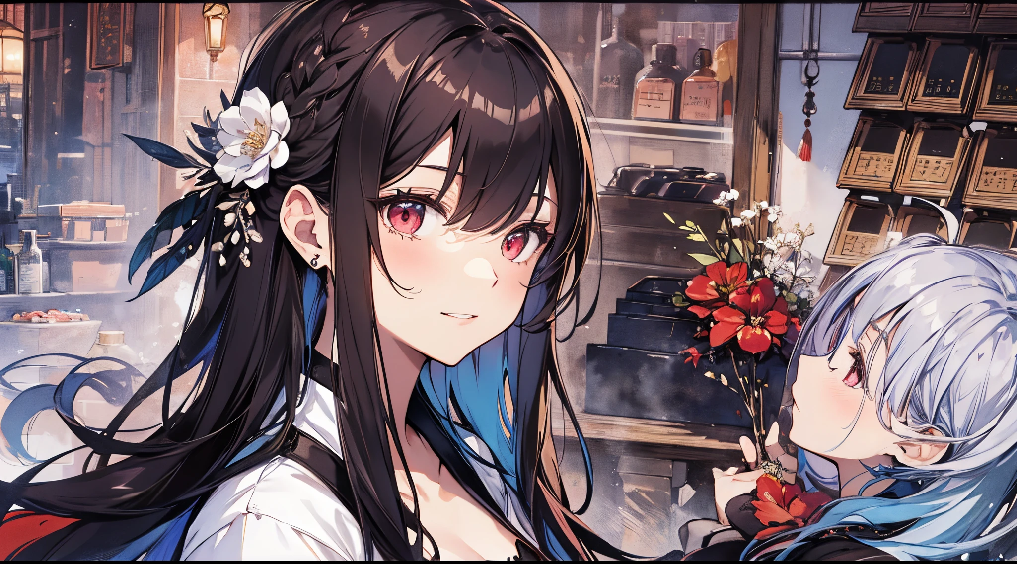 （（tmasterpiece：1.4, Best quality））+, （hyper-detailing）+, （red eyes：1.5），（Meticulous ears：1.5）, （cute girls）, （Conservative Hanfu：1.5）, Long hair details, Long braids on both sides, （wariza：1.2）, pale-skinned, （black cloth：1.5）, （black long pants：1.4）, wine jugs, fresh flowers, lute, steamboat，manjuu，those fruits，Chinese ancient city, port, （store manager：1.1）, （dawn light：1.2）, ）, （closeup cleavage：1.1）, (elevation:1.3), forehead jewel, Colored inner hair, Striped hair, Sad smile, breath through，gem branch, Brown hair, first person perspective，the only person
