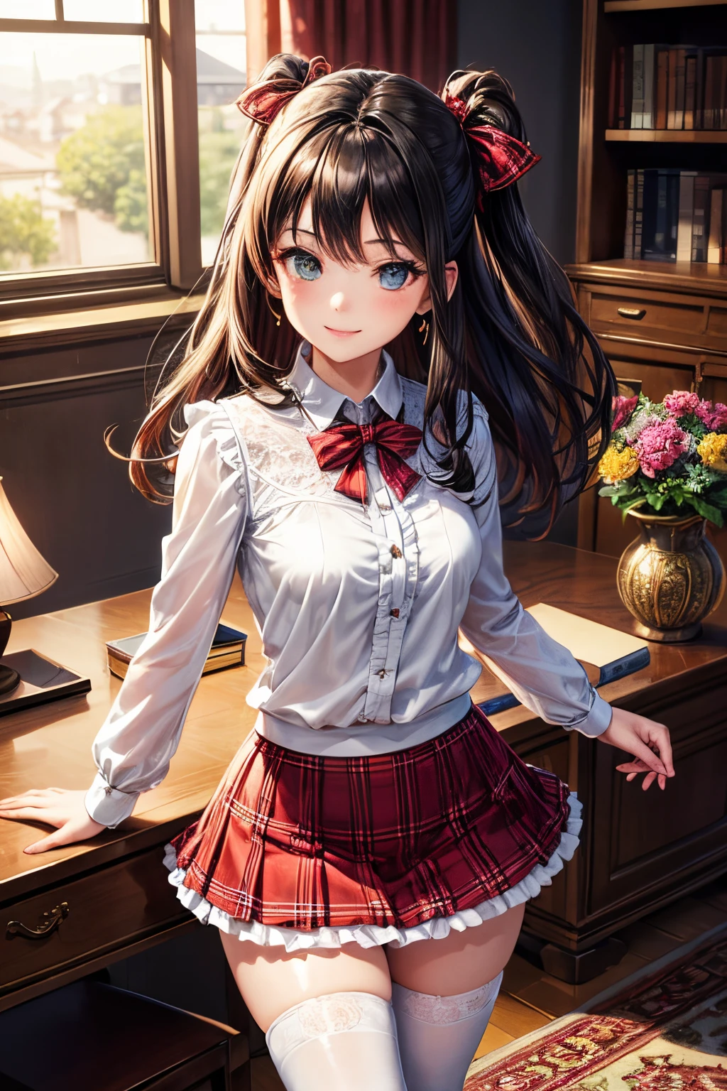 very cute and beautiful girl,(highly detailed beautiful face),(smile),blush,cowboy shot,
(white blouse with detailed frills),long sleeve BREAK
standing,(from behind,looking back),leaning forward,(laced white panties),looking at viewer,
hair ribbon,black hair,(scarlet plaid mini skirt:1.15)
BREAK antique living room,victorian gorgeous furnitures,
(best quality,masterpiece:1.0),absurdres,highres,ultra-detailed,extremely detailed,32k,8k resolution,
intricate details,cinematic scene,detailed background,solo,dynamic angle,