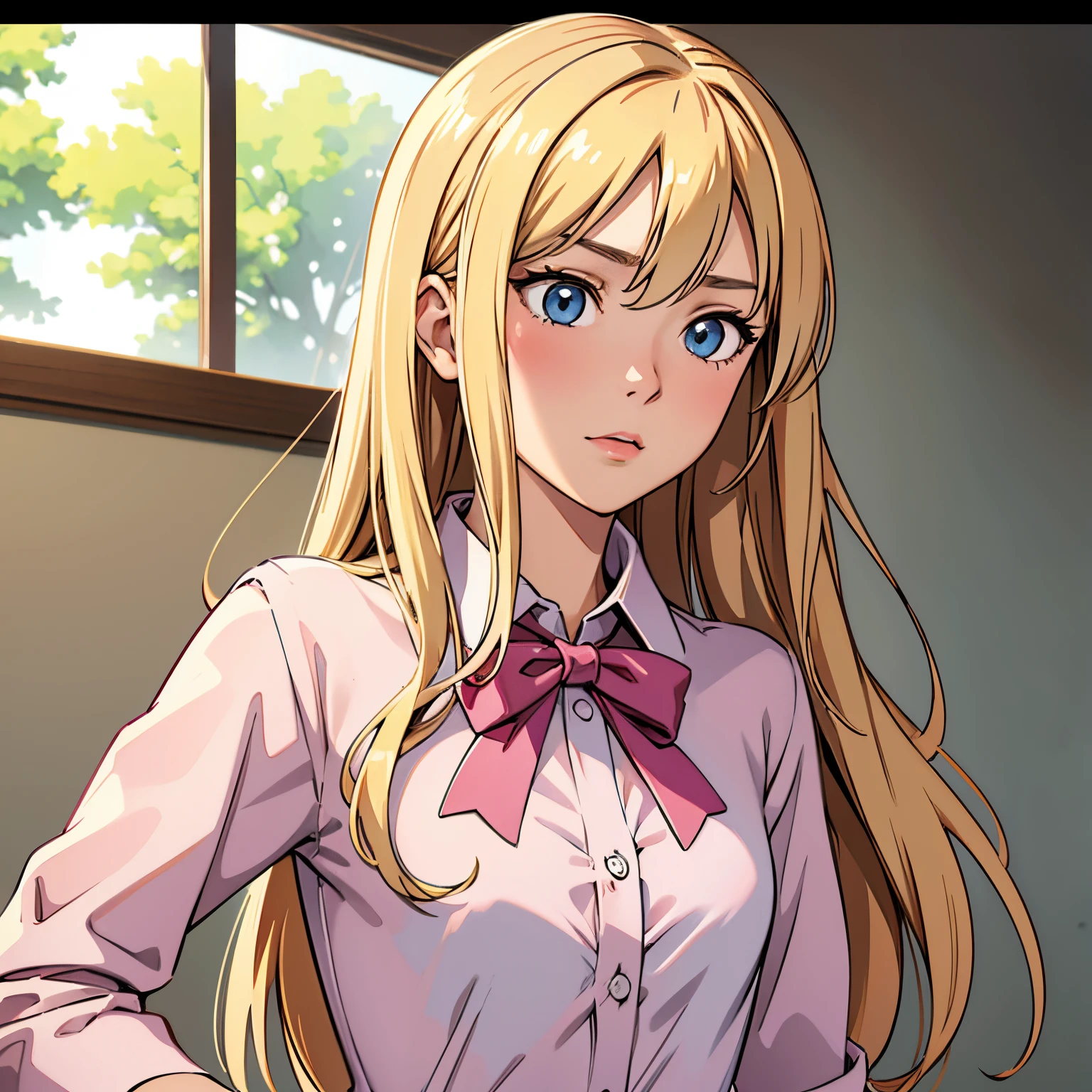 (Best Quality, Sharp anime eyes), elegant, feminine, detailed_background, bedrooom, closeup, straight long hair,side hair bow,pixelated,blush,luca (kuruton486),blonde hair side bow,highres,1girl,letterboxed,solo,kuruton486,pink casual shirt,blue eyes,shirt,parted bangs, sharp eyes