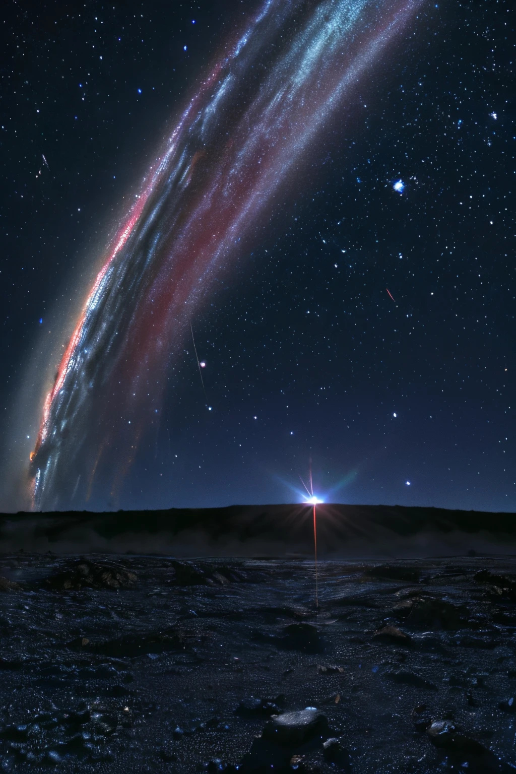 Un paysage incroyable, at night with a beautiful star and a big comet, avec une falaise en premier plan