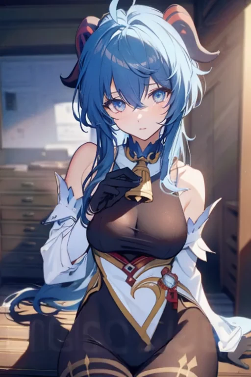 (masterpiece, medium shot, finely detailed beautiful eyes: 1.2), portrait, ganyu \(genshin impact\), 1girl, ahoge, architecture, bangs, bare shoulders, bell, black gloves, black pantyhose, (blue hair), blush, breasts, chinese knot, detached sleeves, flower knot, gloves, horns, long hair, looking at viewer, medium breasts, neck bell, epic composition, epic proportion, HD