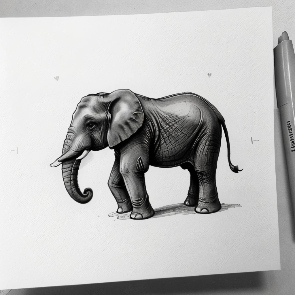 small elephant black and white doodle