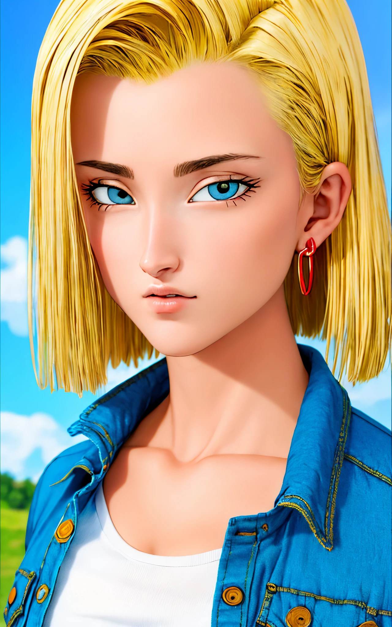 (masterpiece, best quality), realistic version of android18, earrings, denim, belt upper body, focus face, perfect face, Emily Rudd.