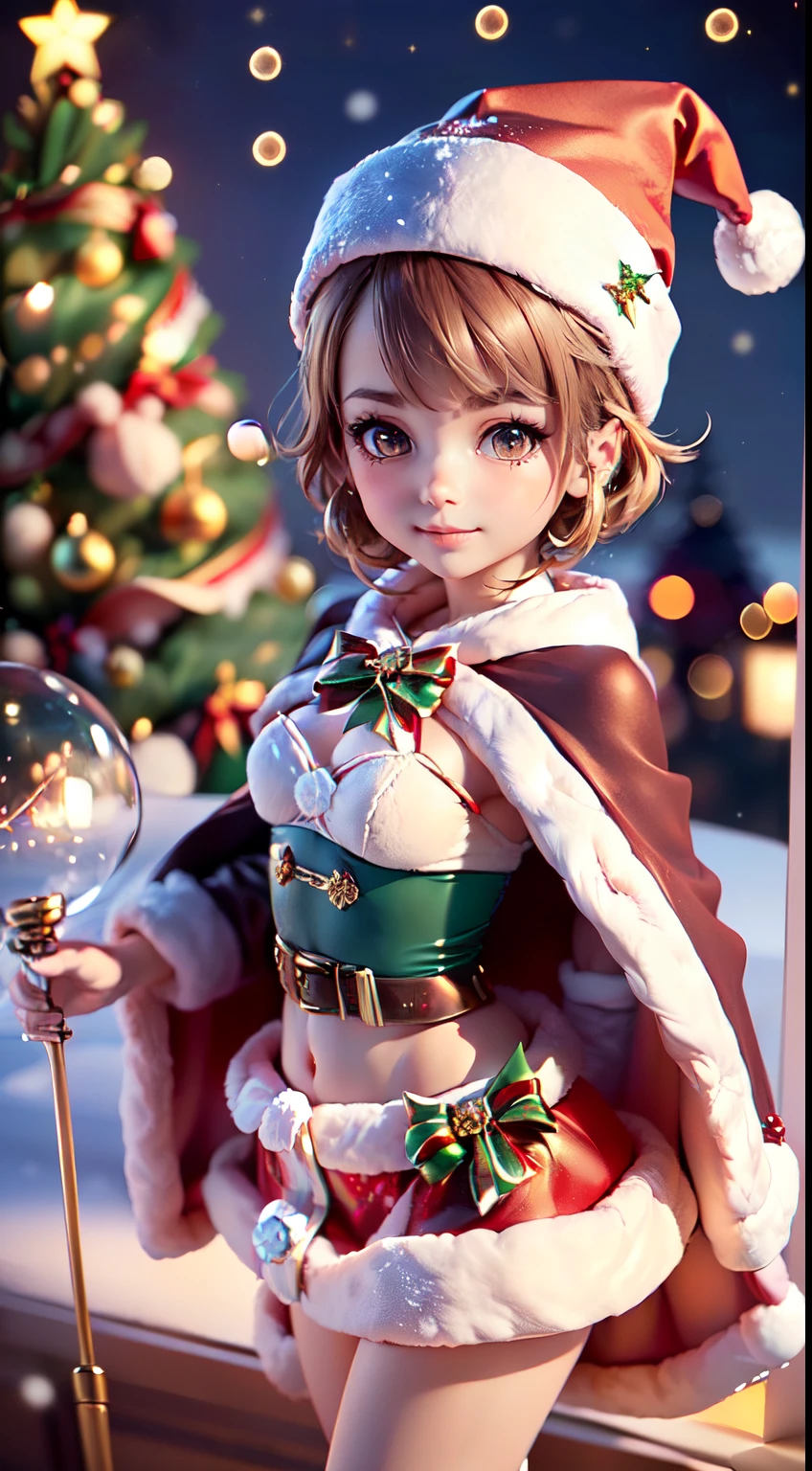 (Ultra-detailed eyes), (((Textile shading))), (((Best quality))), (((On a table))), (((super-detailed CG))), (Colorful glowing lanterns),((Colorful colors flying in the night sky、Cute little animals)),((large full moon)),((shiny colorful star hair,((Brown hair)),((braided shorthair cat)),minor red tide,((Brown Eyes Icon Style Santa Claus Costume)),((Santa hat with tiara)),(Magic wand with gem tip),(To this&#39;The snow  a bit light),((Christmas tree and lights)),Happy smile,Shang Ming,((Fly through the sky on a magic broomstick)),((looking from above)),(It looks plain),((Wearing a luxurious cloak)),Savage girlfriend, (((magical little girl))), (small), (Small under the chest), Blonde hair, Blonde hair, Blonde hair, Fixed mood, ((Short hair details, Short hair details, ornate hair)), a pink eyes, (((Christmas dresses, Red and white faux fur-trimmed Cardroy jacket, Millennium bug, scallop skirt))), ((Pose up)), (((GameCG)) (A gorgeous one, fashionably, it girls accessories, Sparkling sky, amsterdam light festival, Christmas atmosphere, light christmas, Christmas tree, Amsterdam Light Festival  full of atmosphere, cow boy shooting, Medium shot , centered image, Keep your eyes on the camera, natta，full bodyesbian, tchibi