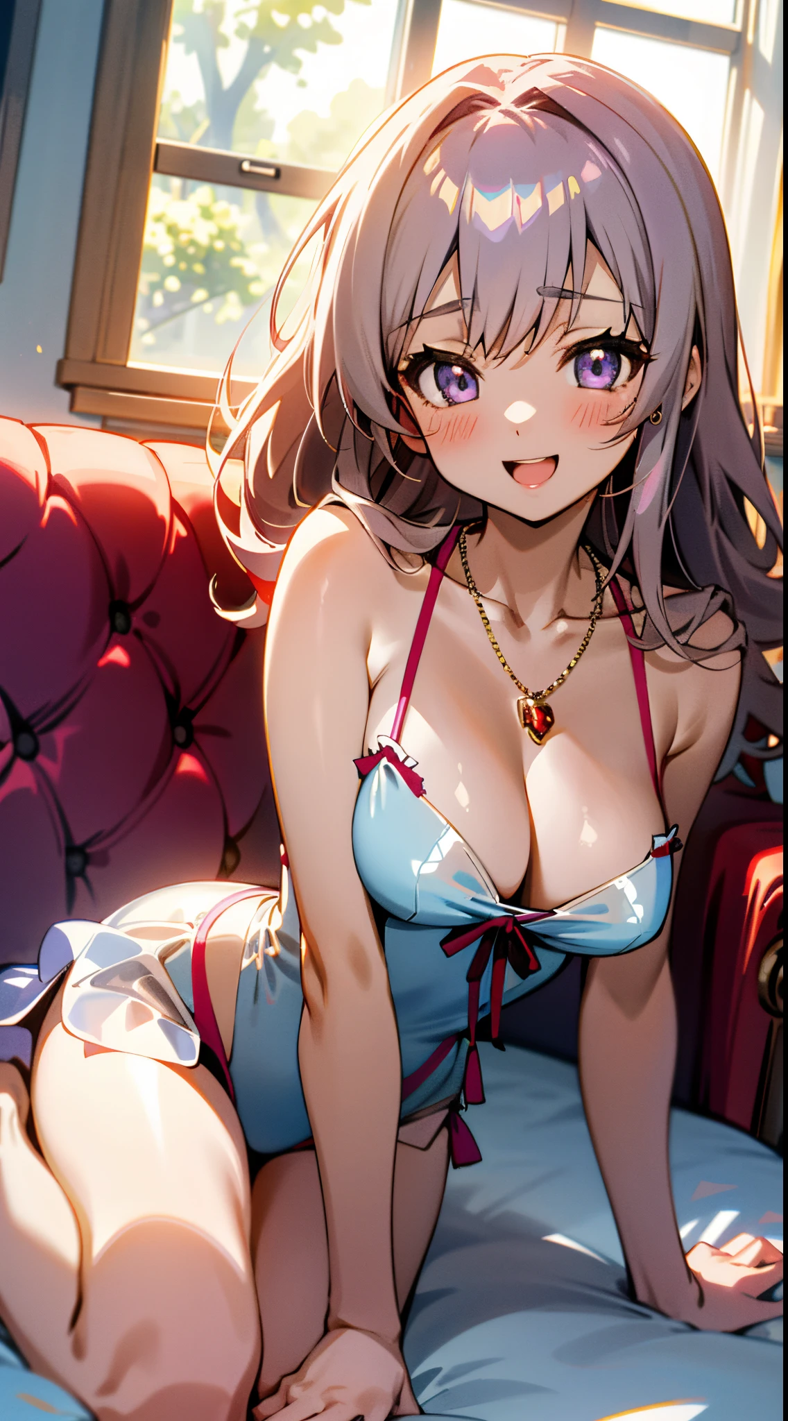 kawaii, A sexy, Ero, Best Quality,Beautiful, Anime style, Dynamic Angle, Upper body,  full body focus, Western-style room, sofa, morning, Cute little girl s, 1girl in, Solo,  Beautiful light brown hair, beautiful purple beautiful eyes,  Long hair, Transparent hair, translucent hair, large full breasts, a necklace, Laugh, Lens Flare, shiny-glistening, luslous skin、sexy santa claus costume