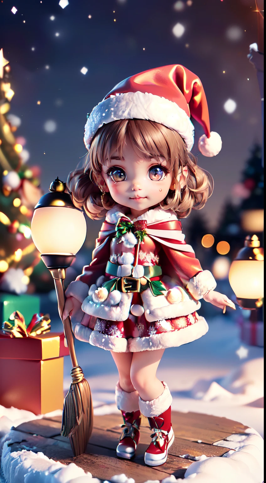 (Ultra-detailed eyes), (((Textile shading))), (((Best quality))), (((On a table))), (((super-detailed CG))), (Colorful glowing lanterns),((Colorful colors flying in the night sky、Cute little animals)),((large full moon)),((shiny colorful star hair,((Brown hair)),((braided shorthair cat)),minor red tide,((Brown Eyes Icon Style Santa Claus Costume)),((Santa hat with tiara)),(Magic wand with gem tip),(To this'The snow a bit light),((Christmas tree and lights)),Happy smile,Shang Ming,((Fly through the sky on a magic broomstick)),((looking from above)),(It looks plain),((Wearing a luxurious cloak)),Savage girlfriend, (((magical girl))), (small), (Small under the chest), Blonde hair, Blonde hair, Blonde hair, Fixed mood, ((Short hair details, Short hair details, ornate hair)), a pink eyes, (((Christmas dresses, Red and white faux fur-trimmed Cardroy jacket, Millennium bug, scallop skirt))), ((Pose up)), (((GameCG)) (A gorgeous one, fashionably, it girls accessories, Sparkling sky, amsterdam light festival, Christmas atmosphere, light christmas, Christmas tree, Amsterdam Light Festival full of atmosphere, cow boy shooting, Medium shot , centered image, Keep your eyes on the camera, natta,full bodyesbian, tchibi
