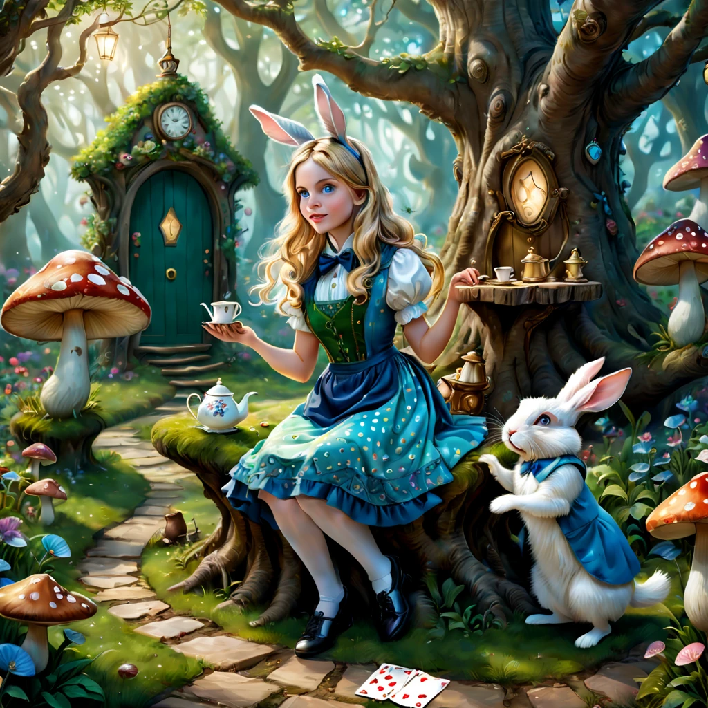 (a detailed painting,best quality,realistic:1.37),Alice in Wonderland,girl with long blonde hair,innocent blue eyes,wearing a patterned blue dress and white apron,sitting in a lush green garden surrounded by beautiful colorful flowers,mushrooms with polka dots,white rabbit wearing a waistcoat and holding a pocket watch,hanging golden keys,playing cards flying in the air,teapot and teacups on a table with a Mad Hatter,Cheshire Cat sitting on a branch,quaint stone path leading to a whimsical door in a tree trunk,mystical glowing lights.(ultra-detailed,realistic:1.37),(best quality,4k,8k,highres,masterpiece:1.2),(Colored:1.1,Wonderland-themed,HDR,vivid colors,concept artists),soft warm tones,soft natural lighting.