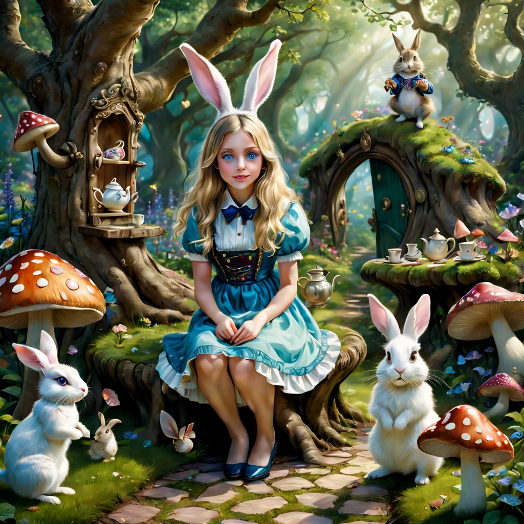 (a detailed painting,best quality,realistic:1.37),Alice in Wonderland,girl with long blonde hair,innocent blue eyes,wearing a patterned blue dress and white apron,sitting in a lush green garden surrounded by beautiful colorful flowers,mushrooms with polka dots,white rabbit wearing a waistcoat and holding a pocket watch,hanging golden keys,playing cards flying in the air,teapot and teacups on a table with a Mad Hatter,Cheshire Cat sitting on a branch,quaint stone path leading to a whimsical door in a tree trunk,mystical glowing lights.(ultra-detailed,realistic:1.37),(best quality,4k,8k,highres,masterpiece:1.2),(Colored:1.1,Wonderland-themed,HDR,vivid colors,concept artists),soft warm tones,soft natural lighting.