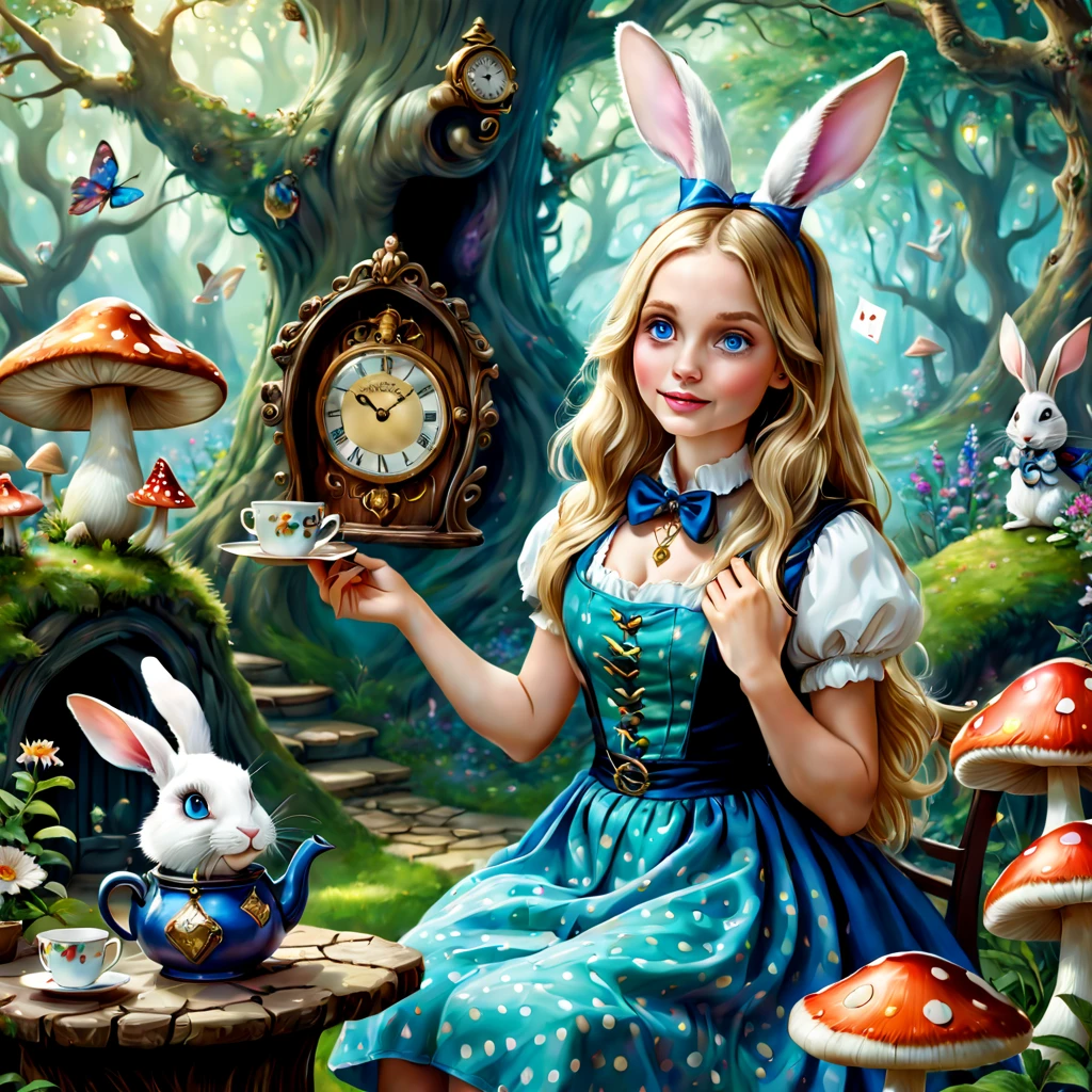 (a detailed painting,best quality,realistic:1.37),Alice in Wonderland,girl with long blonde hair,innocent blue eyes,wearing a patterned blue dress and white apron,sitting in a lush green garden surrounded by beautiful colorful flowers,mushrooms with polka dots,white rabbit wearing a waistcoat and holding a pocket watch,hanging golden keys,playing cards flying in the air,teapot and teacups on a table with a Mad Hatter,Cheshire Cat sitting on a branch,quaint stone path leading to a whimsical door in a tree trunk,mystical glowing lights.(ultra-detailed,realistic:1.37),(best quality,4k,8k,highres,masterpiece:1.2),(Colored:1.1,Wonderland-themed,HDR,vivid colors,concept artists),soft warm tones,soft natural lighting.