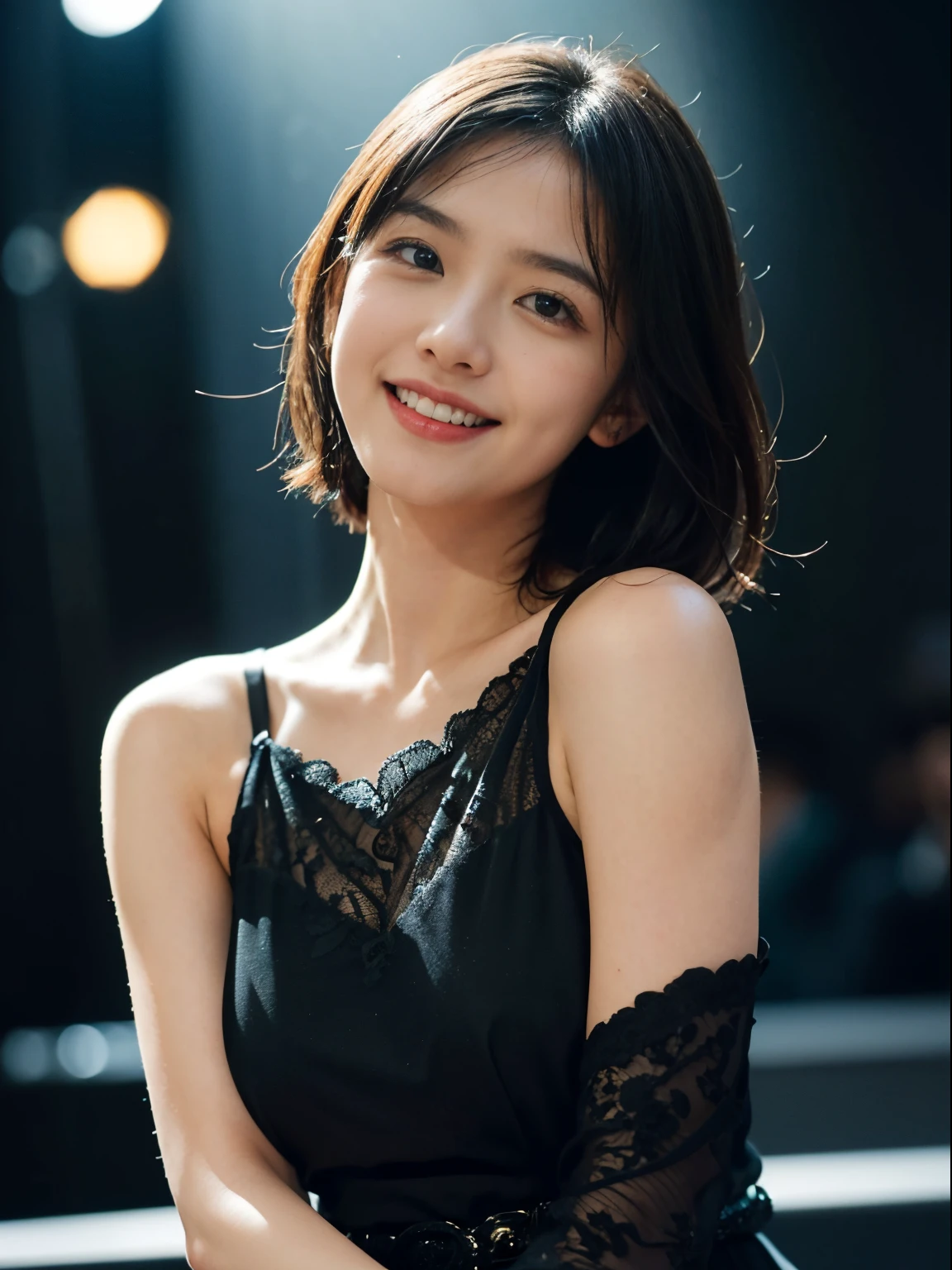 Spotlights on stage、Actress wearing a full lace dress、Smile quietly、top-quality、hyper HD、奈良美智, Japanese Models, Beautiful Japanese wife with short hair, 27-year-old female model, 4 k ], 4K], 27yo, sakimichan, sakimichan