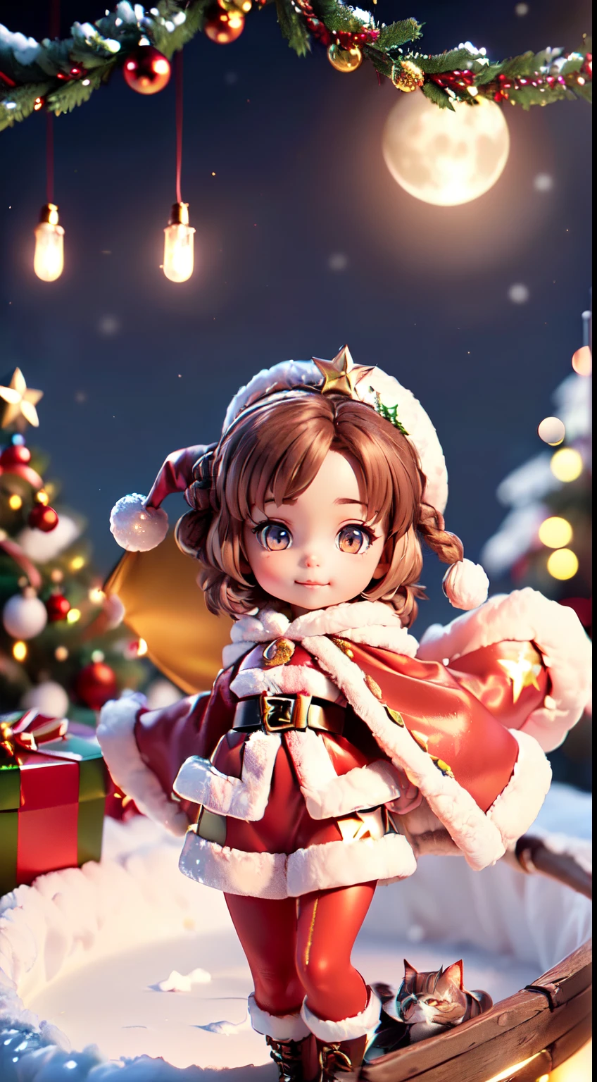(Ultra-detailed eyes), (((Textile shading))), (((Best quality))), (((On a table))), (((super-detailed CG))), (Colorful glowing lanterns),((Colorful colors flying in the night sky、Cute little animals)),((large full moon)),((shiny colorful star hair,((Brown hair)),((braided shorthair cat)),minor red tide,((Brown Eyes Icon Style Santa Claus Costume)),((Santa hat with tiara)),(Magic wand with gem tip),(To this&#39;The snow  a bit light),((Christmas tree and lights)),Happy smile,Shang Ming,((Fly through the sky on a magic broomstick)),((looking from above)),(It looks plain),((Wearing a luxurious cloak)),Savage girlfriend, (((magical ))), (small), (Small under the chest), Blonde hair, Blonde hair, Blonde hair, Fixed mood, ((Short hair details, Short hair details, ornate hair)), a pink eyes, (((Christmas dresses, Red and white faux fur-trimmed Cardroy jacket, Millennium bug, scallop skirt))), ((Pose up)), (((GameCG)) (A gorgeous one, fashionably, it girls accessories, Sparkling sky, amsterdam light festival, Christmas atmosphere, light christmas, Christmas tree, Amsterdam Light Festival  full of atmosphere, cow boy shooting, Medium shot , centered image, Keep your eyes on the camera, natta，full bodyesbian, tchibi