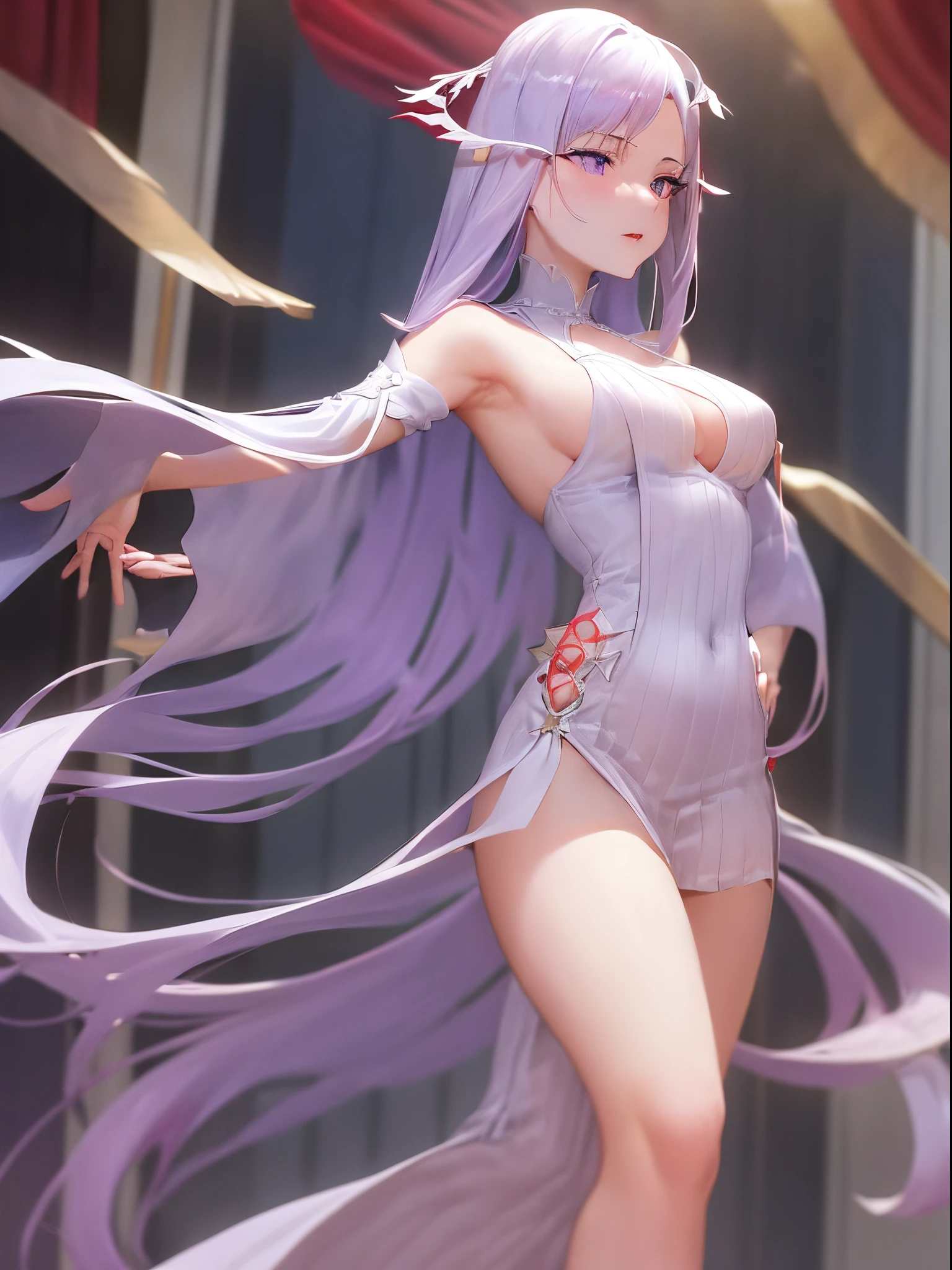 Armpit show,bangss、bare shoulders、bblurry、red blush、the bow、heav breathing、depth of fields、doress、female focus、looking at viewert、Opening Mouth、cparted lips、Purple bow、Purple dress、skirt by the、独奏、is standing