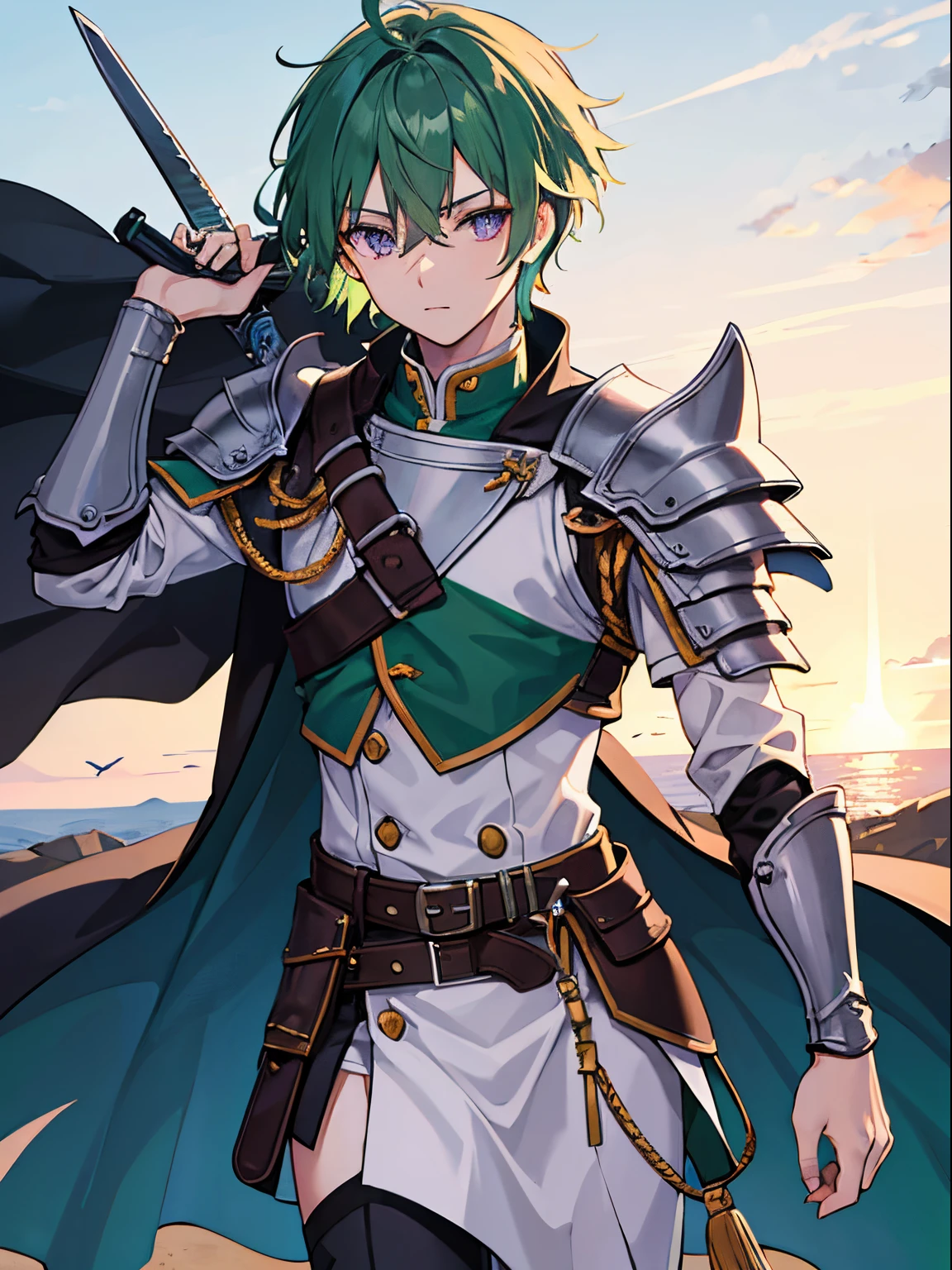 male in his 20s、green colored hair、Purple eyes、One eye is hidden by bangs、wear western style armor、have a decorated sword、running on the battlefield