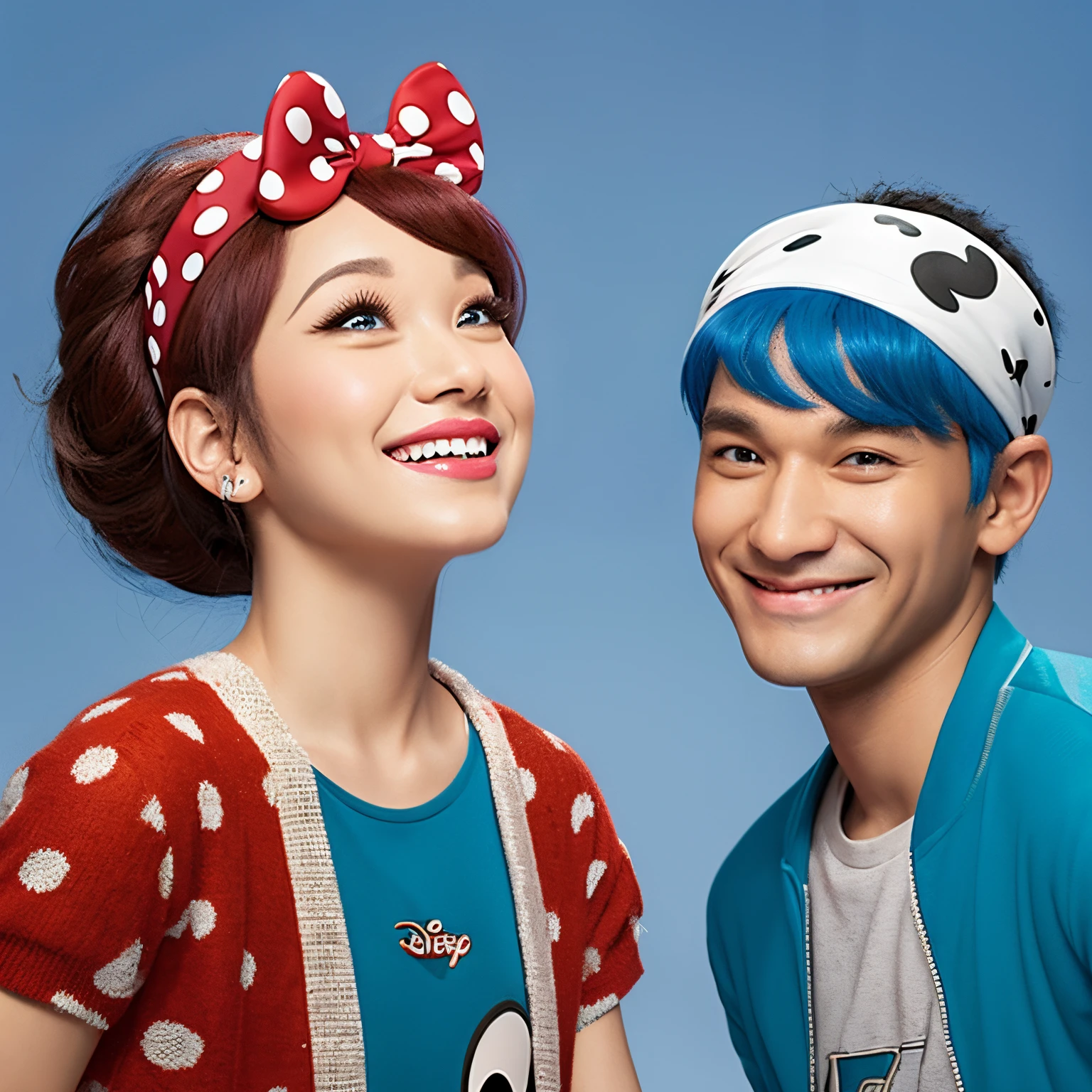 Disney Pixar illustration of a couple winking while wearing a Dalmatian-patterned hair band。