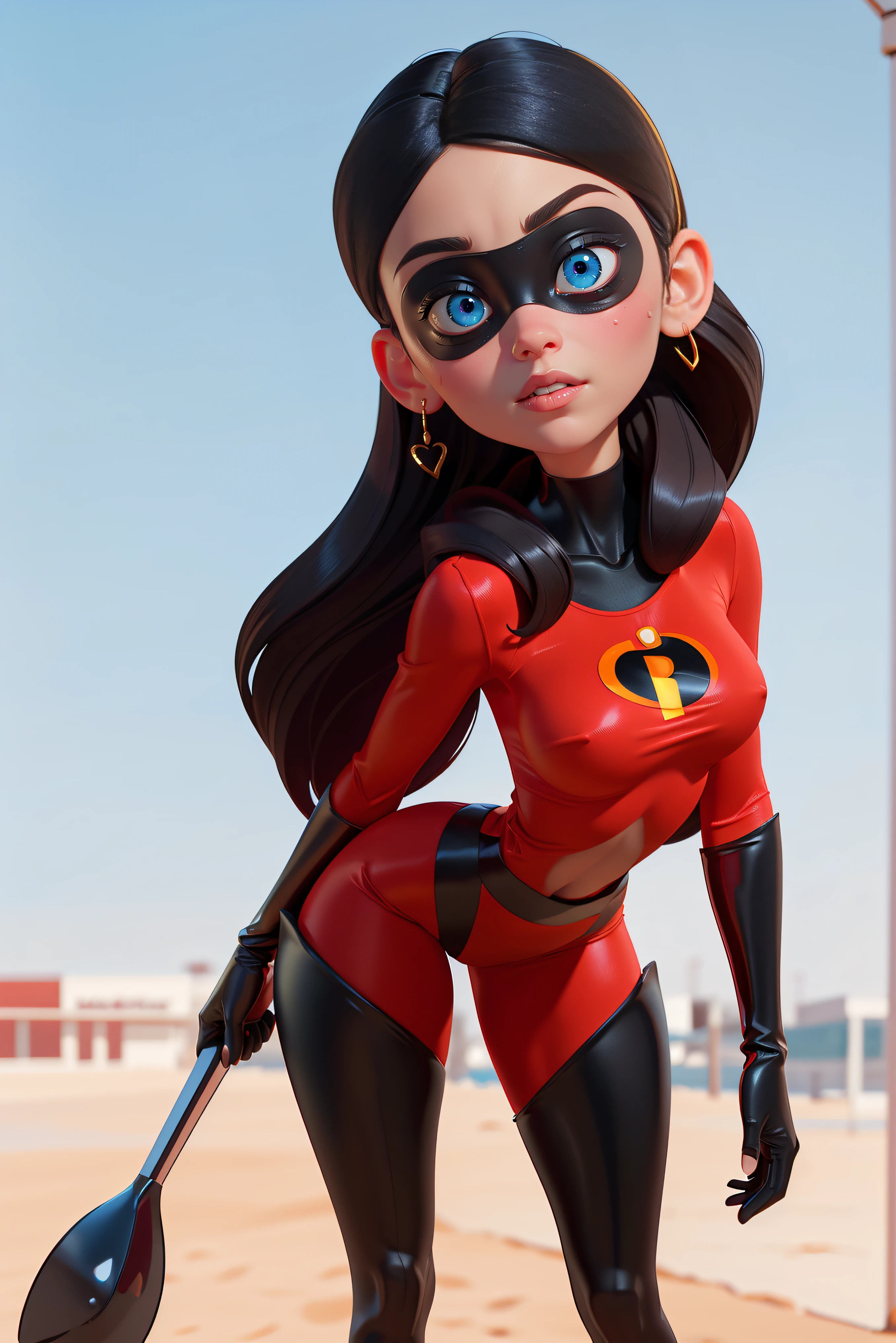 skintight red clothes with the incredibles logo on, tall black shiny boots. shiny black mask around eyes, long straight black hair, blue eyes, cleavage, down blouse, sexy violet parr, masterpiece, high res, 32k (perfect anatomy:1.5), perfect legs, perfect arms, action scene, sexy pose, cute face, innocent face rose cheeks, sexy body