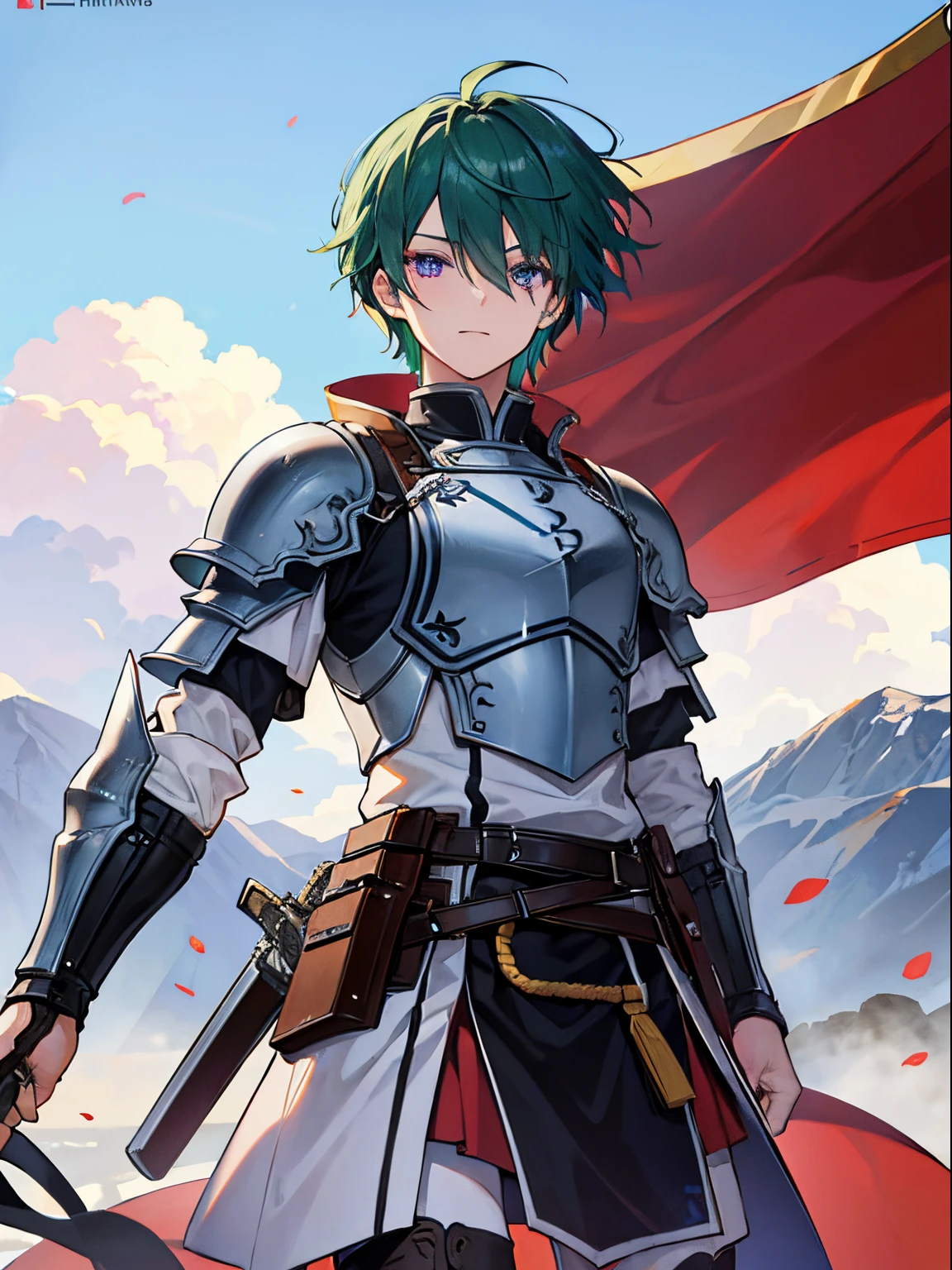 male in his 20s、green colored hair、Purple eyes、One eye is hidden by bangs、wear western style armor、have a decorated sword、running on the battlefield