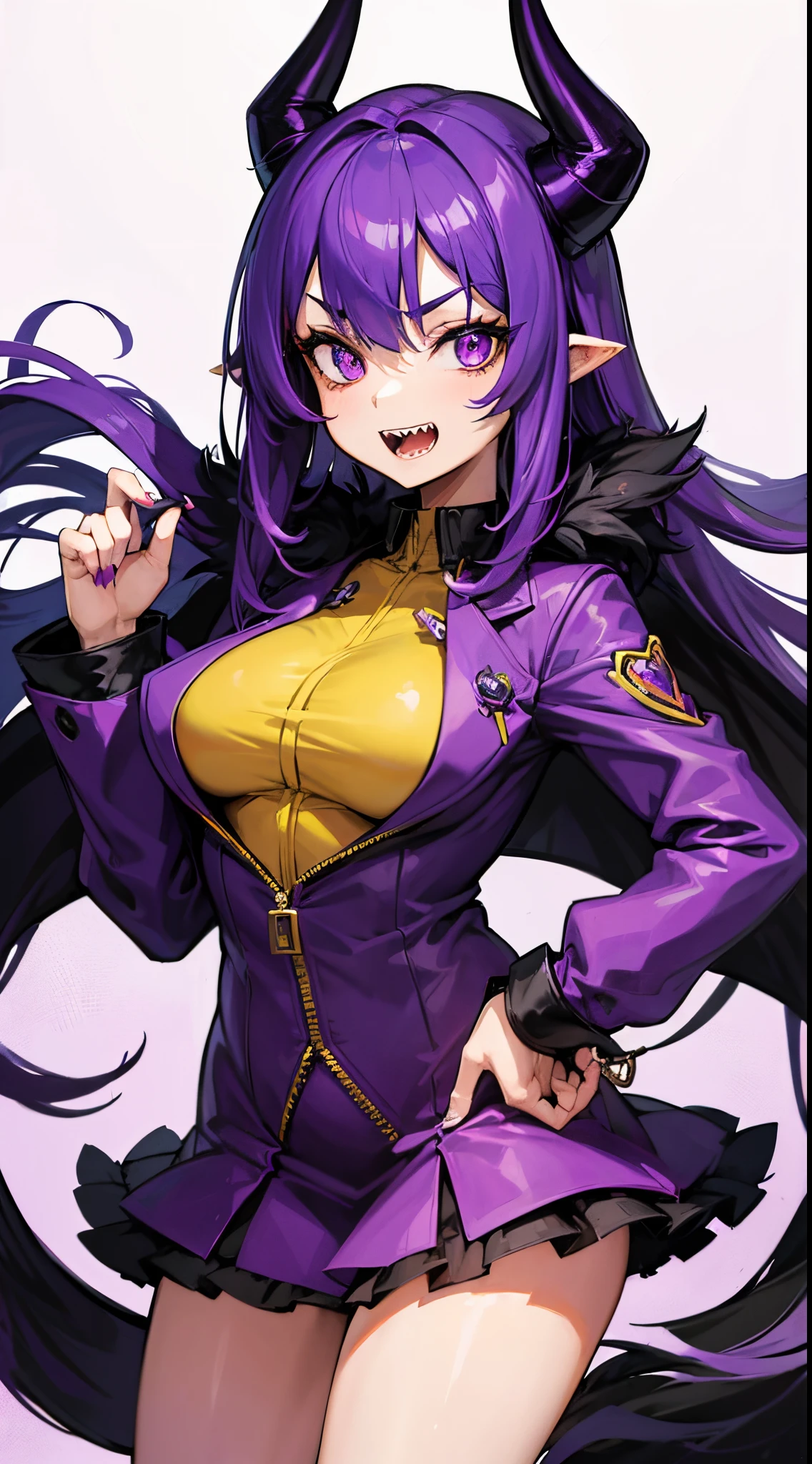 An anthropomorpic devil girl with purple skin and a long devil tail and purple devil horns and sharp teeth wearing a yellow jacket