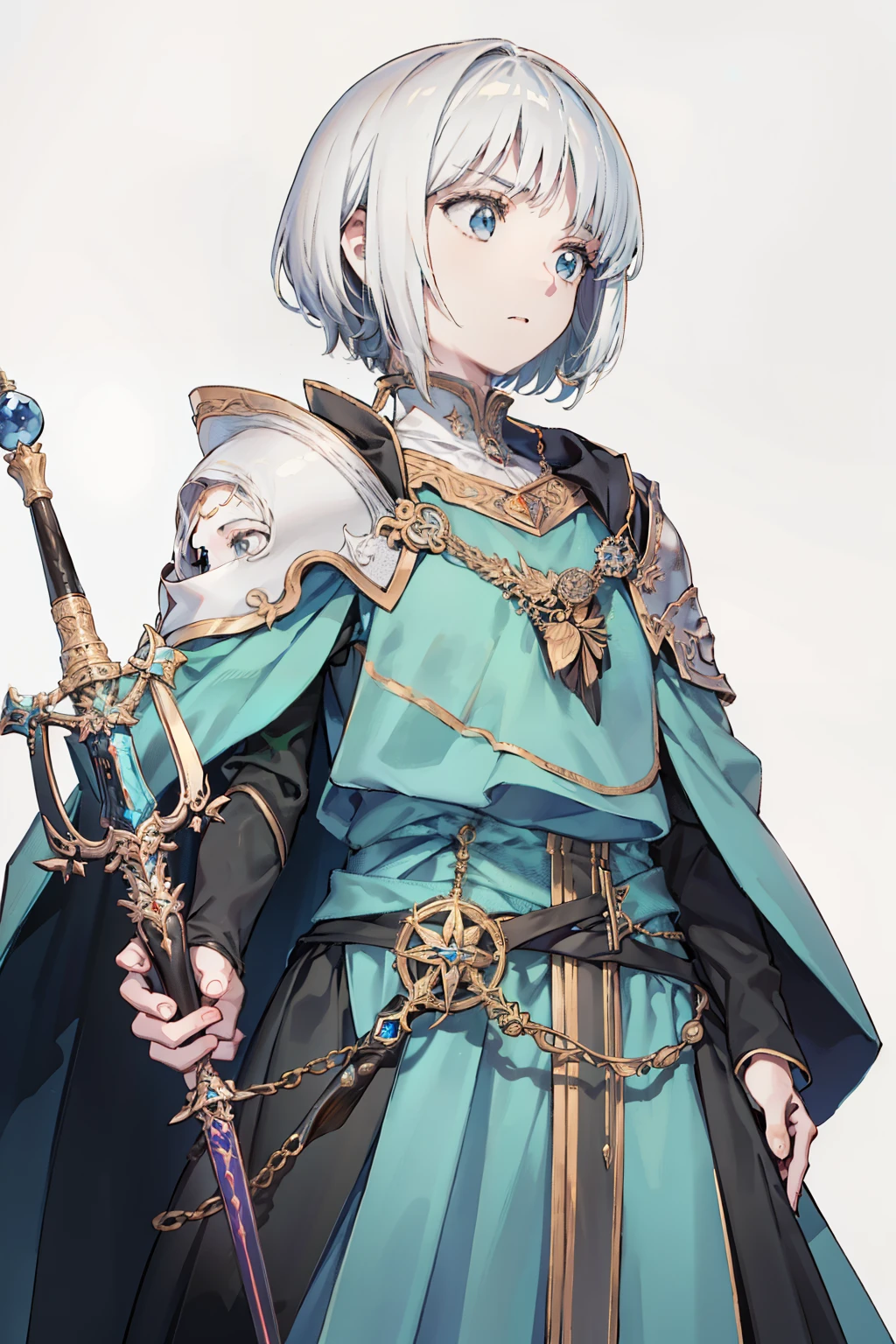 one female, 16 anos, Cabelos brancos curtos, circunstanciado, emotionless face, usando uma ombreira, Um Vestido de Mago, holding a mage's staff in his hand, front camera, fundo branco