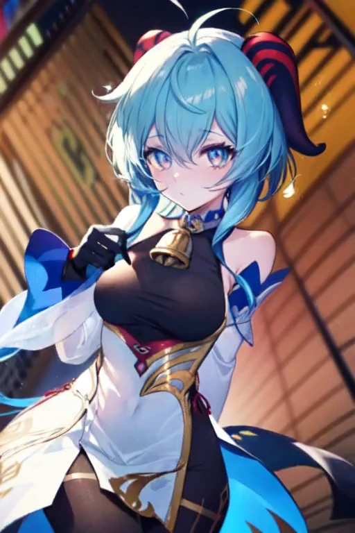 (masterpiece, medium shot, finely detailed beautiful eyes: 1.2), portrait, ganyu \(genshin impact\), 1girl, ahoge, architecture, bangs, bare shoulders, bell, black gloves, black pantyhose, (blue hair), blush, breasts, chinese knot, detached sleeves, flower knot, gloves, horns, long hair, looking at viewer, medium breasts, neck bell