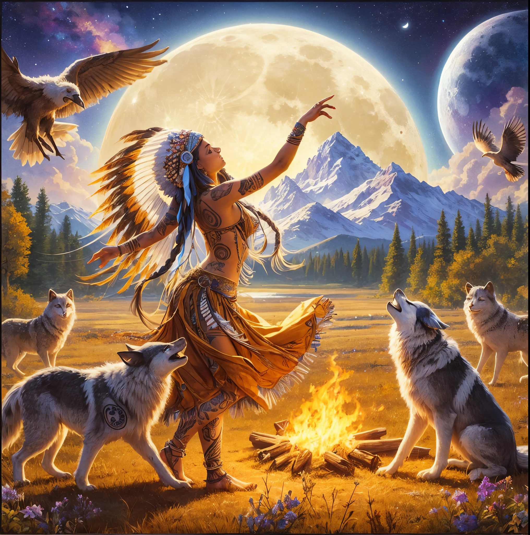 Une fille amérindienne dansant avec Benny et la Lune, deux faucons de l'Ouest américain, avec un tatouage sur le corps