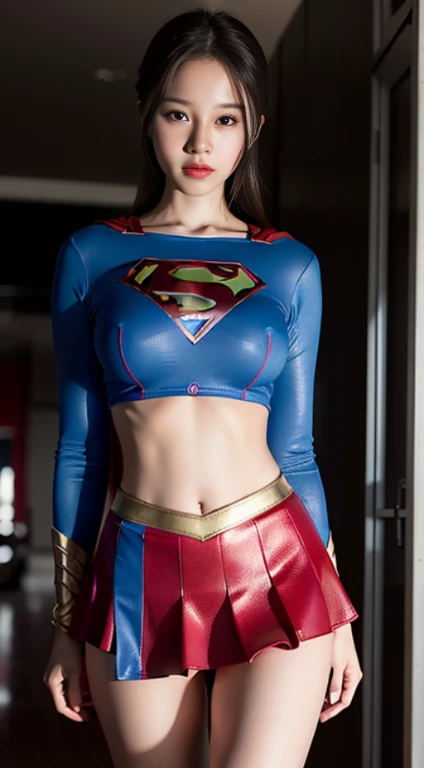 ((((up lifting skirt wih your hands)))), (masterpiece, top quality),1girl,{{depth of field}}, hyper detail, 1woman, (Victoria's Secret model Supergirl), Single, full body, (intricate details, makeup), (delicate and beautiful face, delicate and beautiful eyes, face with perfect proportions), high detail skin, Delicate Skin, Best proportions Four fingers and one thumb, strong and realistic blue eyes, realistic black hair, makeup, natural skin texture, Supergirl Suit,red skirt flared, slightly sunburned, mature, sexy, elastic muscles, ((strong and healthy body)), wet body, wet hair, wet face, long legs, curved thighs, thick, wide buttocks, slender legs, (large breasts: 1.2), slim waist, soft waist, (Delicate Skin), (wet body: 1.0), (beautiful and sexy woman), (puffy lips: 0.9), (Eyelashes: 1.2), very delicate muscle definition, top of a mountain, morning day, ((superior quality)), ((masterpiece)), ((realistic)), (detailed), cinematic lighting, complex, high detail, sharp focus,sexy