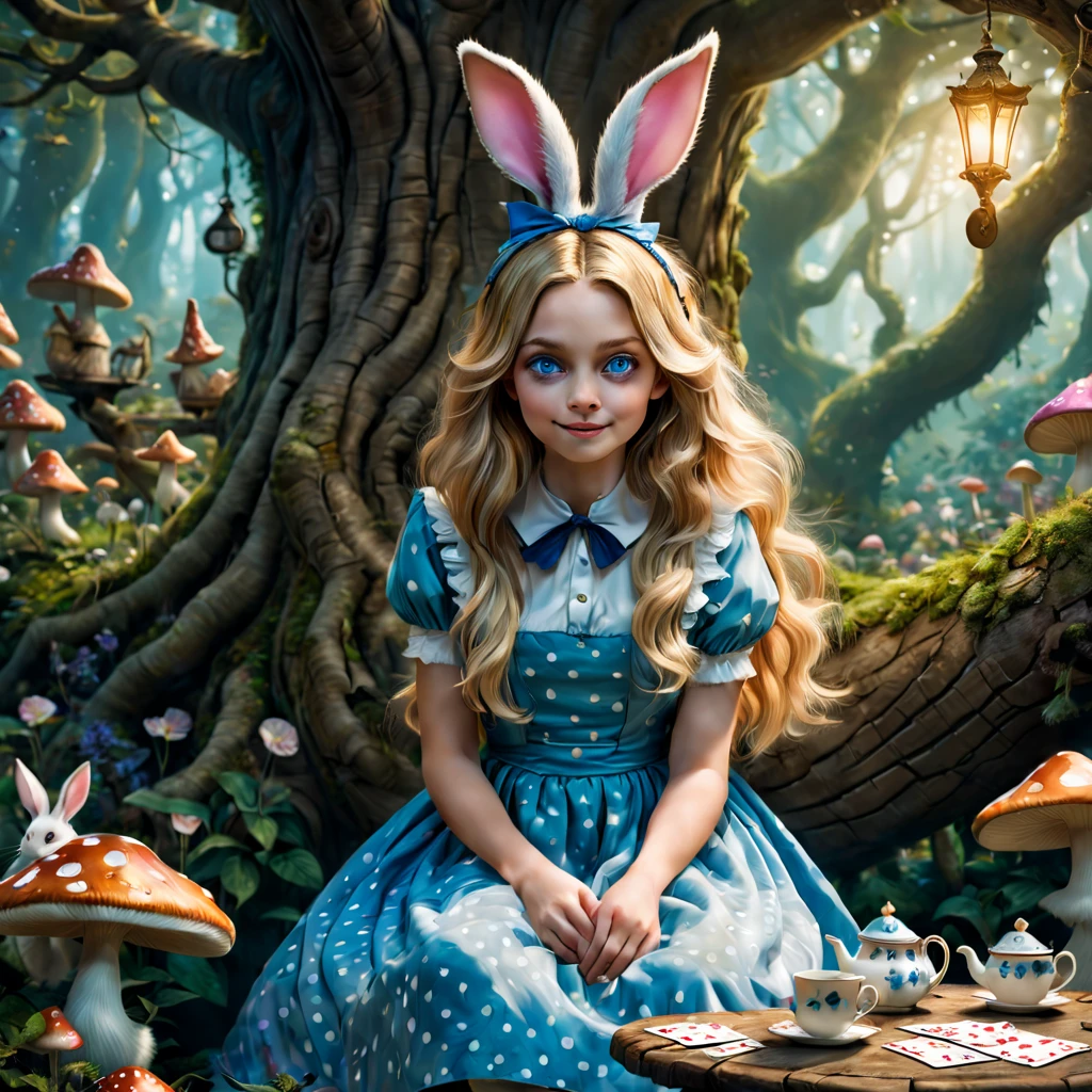alice in wonderland having tea in a whimsical psychedelic jungle, realistic