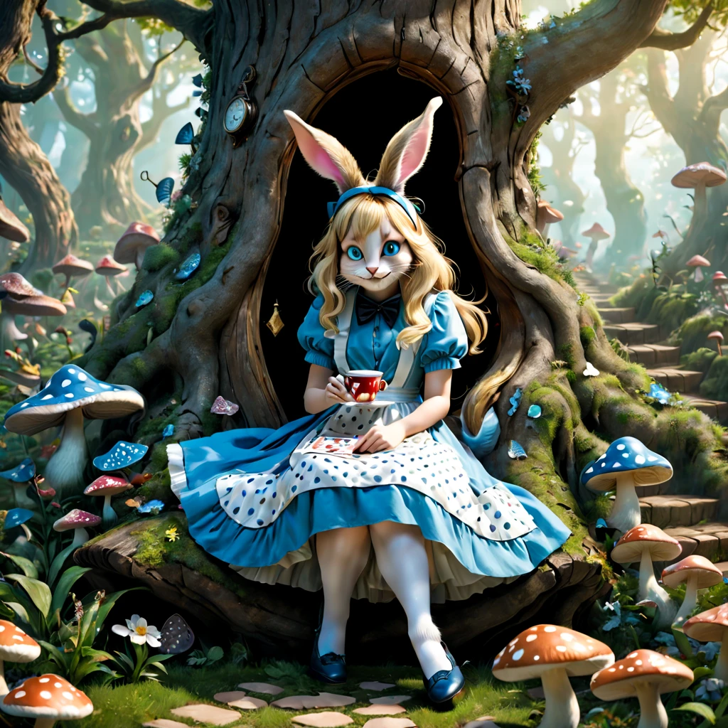 alice in the wonderland，A girl with long blonde hair，eBlue eyes，Wearing a patterned blue dress and white apron，Sitting in a lush garden，polka dot mushrooms，There are teapots and teacups on the table，Playing cards flying in the air，A mad hatter white rabbit，Holding a pocket watch，hanging golden key，A quaint stone path leads to a whimsical door on a tree trunk，Cheshire cat sitting on a branch，mysterious glow。(ultra-detailed,realistic:1.37),(best quality,4k,8k,highres,masterpiece:1.2),（a color：1.1，Wonderland theme，HDR，Vivid colors，Concept artist），Soft warm colors，Soft natural light。