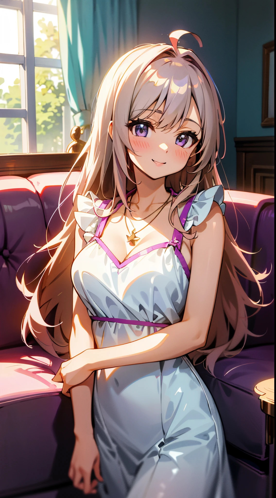 kawaii, A sexy,  Best Quality,Beautiful, Anime style, Dynamic Angle, Upper body,  full body focus, Western-style room, sofa, morning, Cute little girl s, 1girl in, Solo,  Beautiful light brown hair, beautiful purple beautiful eyes,  Long hair, Transparent hair, translucent hair, large full breasts, a necklace, Laugh, Lens Flare, shiny-glistening、Sexy white dress