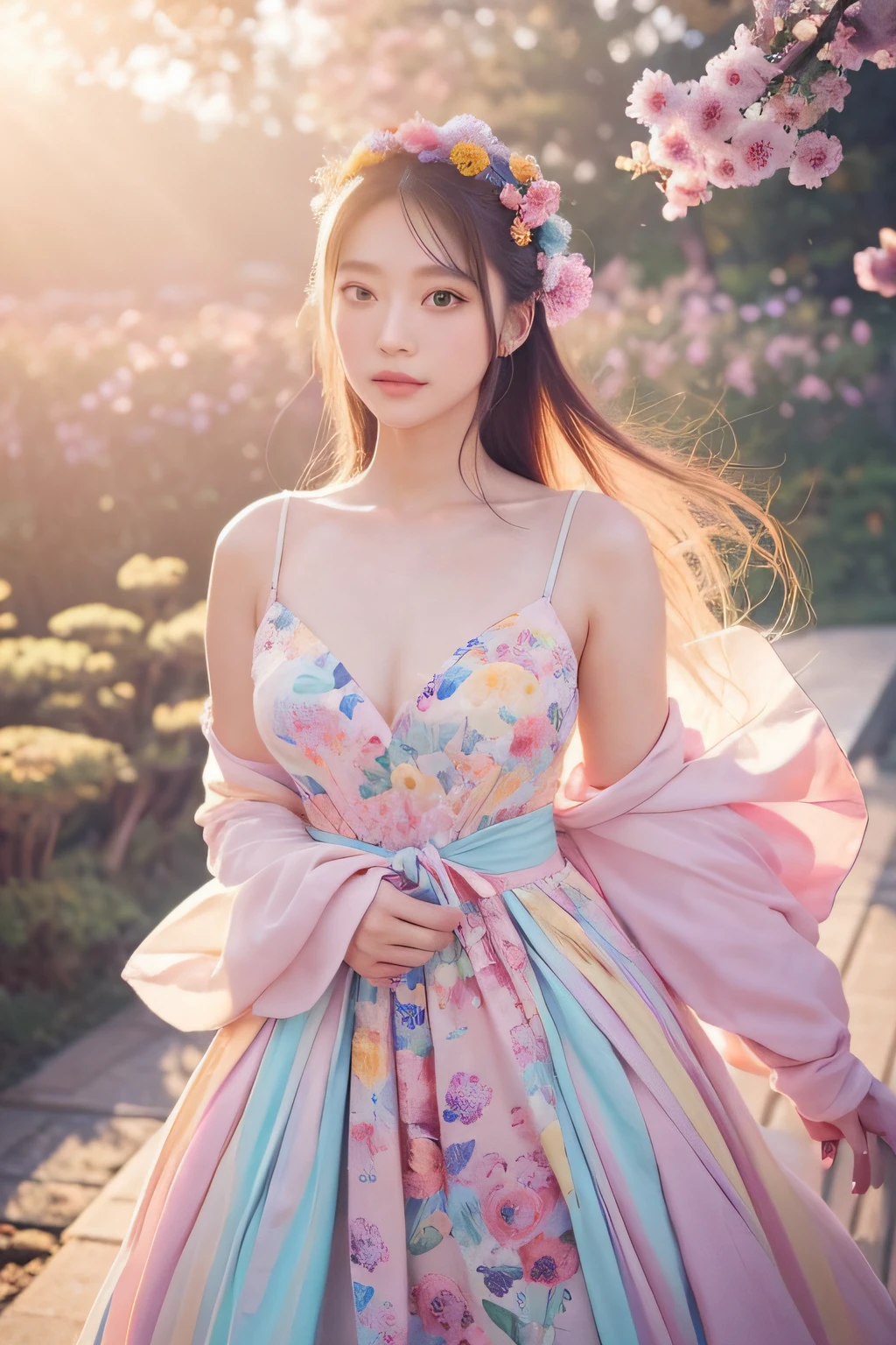 dried flower、Japan Beautiful Girls。Produces high-quality female images with an innovative artistic atmosphere that stands out in pastel colors。She has her own fashion style、Dressed in glamorous and soft pastel costumes。Against the background of a fantastic and fantastical landscape.、Pastel lights and abstract elements are interwoven。her pose is sophisticated.、Gives a sense of natural movement and dynamism。Light and shadow effects are presented attractively、The finely drawn faces and expressions are full of emotion、Full of charm...。The overall atmosphere is modern and innovative., yet、It has a unique artistic touch.。This high quality image、Pastel colors look beautiful、Evokes visual stimuli and aesthetic sensations、It interests the viewer、You will be amazed。Create pieces that incorporate the vibrancy and artistic elements of pastel colors。