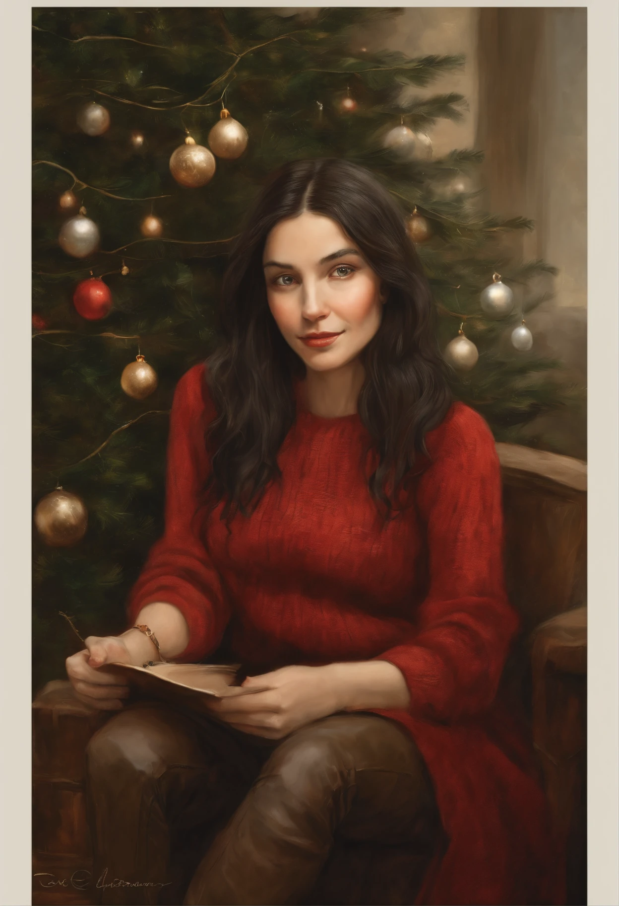 真实感, a painting, Fantasy fairy tale, Christmas style, John Tolkien style, Small painting by Jean-Baptiste Monge, Soft facial features, Rocker Girl, sitting in a chair with flowing black hair ,  Straight hair , near the Christmas tree, Soft facial features, Wearing trousers,  wearing a sweater, With light makeup,  dark pink lips,  lip shape"pearlescent" ,"curved eyebrows in the shape of Engriberts, Cyan eyes,  heavy-lidded eye shape, Human Hand, Very clear, Without flaws, five fingers, Black long Straight hair , In a short red sweater, in black trousers,mischievous character, fireplace, Christmas tree, Gifts, Jean-Baptiste Monge, anthropomorphic --ar 2:3 --testp -optimistic;