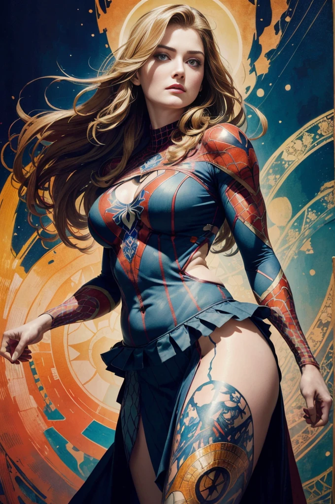 Alexandra Breckenridge、Sticking out the navel、newyork、She wears a torn Spider-Man suit,wearing skirt、abstract photorealistic、artistic、Alphonse Mucha's painting(masterpiece、top-quality、hight resolution:1.4)、detaileds、intricate-detail、4K、color splashes、line-drawing、Fibonacci、