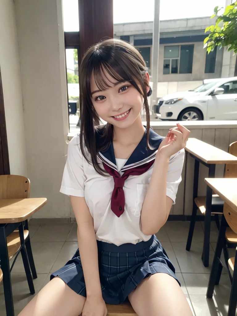 (masterpiece、top-quality:1.2), 超A high resolution, (Photorealsitic:1.4), Detailed skin, lighting like a movie, friendly, Intelligent, Conversational Engaging, Happiness, cordial, Energetic, jolly, Created, Glowing eyes and infectious smile, Cute teenage girl, NSFW, School uniform, Very small bust, exposed breast, show nipple, Show abs, a short skirt, The best smile, provocative smiling, see the beholder, Facing the front, Open your legs, Crowded cafes, poneyTail