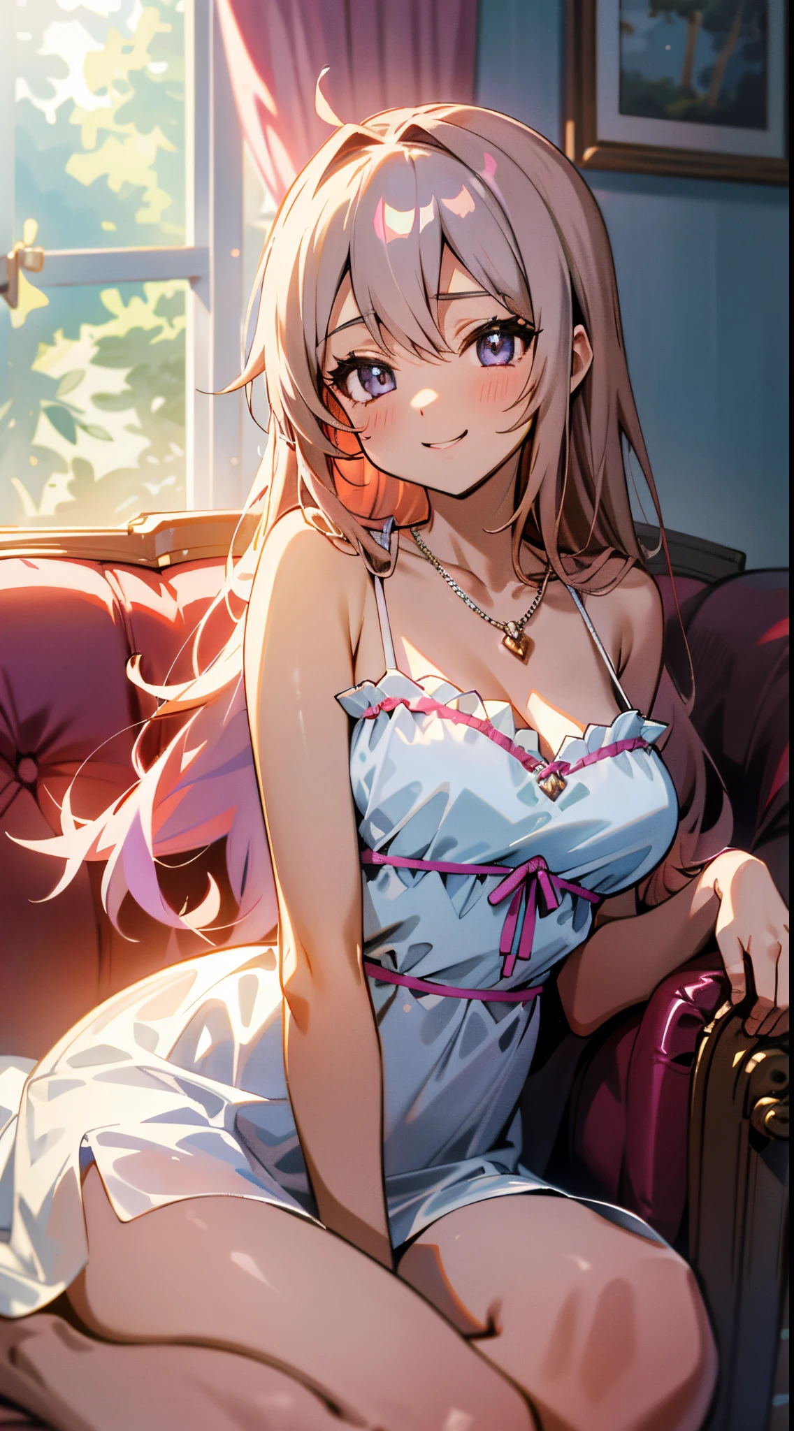 kawaii, A sexy,  Best Quality,Beautiful, Anime style, Dynamic Angle, Upper body,  full body focus, Western-style room, sofa, morning,  s, 1girl in, Solo,  Beautiful light brown hair, beautiful purple beautiful eyes,  Long hair, Transparent hair, translucent hair, large full breasts, a necklace, Laugh, Lens Flare, shiny-glistening、Sexy white dress