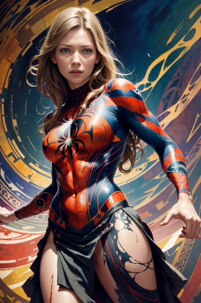 Full body shot seen from behind Sexy superheroine Spidergirl long blonde hair glowing blue eyes red lips muscular body large breast wears a red golden cobweb pattern tight leather pants, red golden cobweb pattern leather short, red and black stilettos, black tights, plunging sleeveless top gold shoulder pads gold bracelets revealing abs midriff a Z symbol on her chest portrait photography by artgerm, in the style of realism, glistening skin, cartooncore, mangacore, natural lighting, Defined full lips. Muscular fitness feminine body spider web in the background