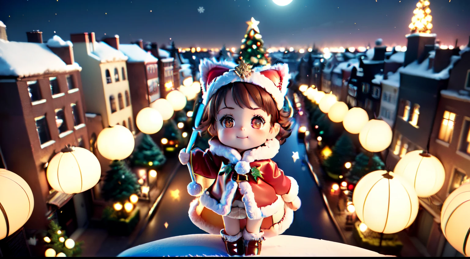 (Ultra-detailed eyes), (((Textile shading))), (((Best quality))), (((On a table))), (((super-detailed CG))), (Colorful glowing lanterns),((Colorful colors flying in the night sky、Cute little animals)),((large full moon)),((shiny colorful star hair,((Brown hair)),((braided shorthair cat)),minor red tide,((Brown Eyes Icon Style Santa Claus Costume)),((Santa hat with tiara)),(Magic wand with gem tip),(To this&#39;The snow  a bit light),((Christmas tree and lights)),Happy smile,Shang Ming,((Fly through the sky on a magic broomstick)),((looking from above)),(It looks plain),((Wearing a luxurious cloak)), (((magical little girl))), (small), (Small under the chest), Blonde hair,  ((Short hair details, Short hair details, ornate hair)), a pink eyes, (((Christmas dresses, Red and white faux fur-trimmed Cardroy jacket, Millennium bug, scallop skirt))), ((Pose up)), (((GameCG)) (A gorgeous one, fashionably, it girls accessories, Sparkling sky, amsterdam light festival, Christmas atmosphere, light christmas, Christmas tree, Amsterdam Light Festival  full of atmosphere, cow boy shooting, Medium shot , centered image, Keep your eyes on the camera, natta，full bodyesbian, tchibi